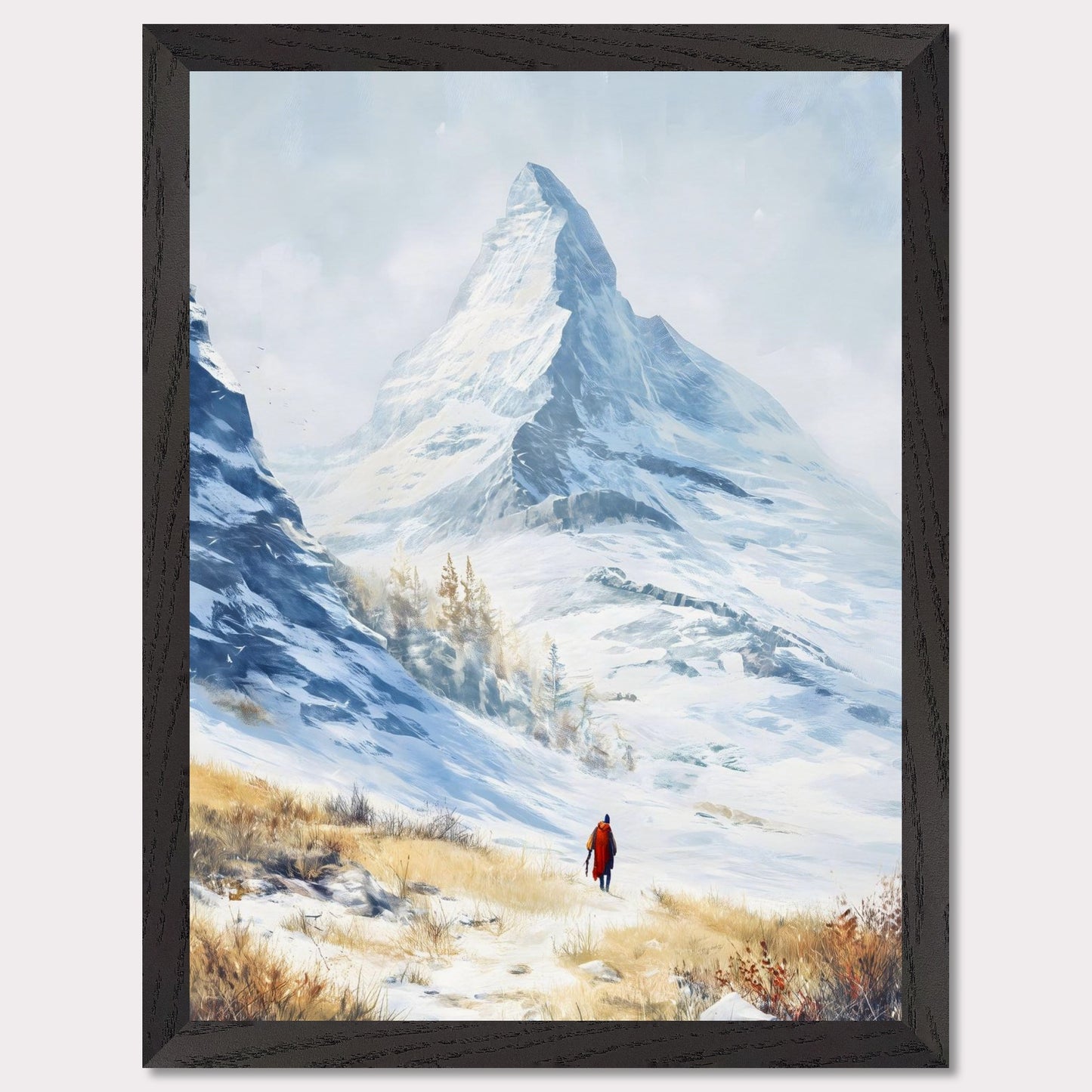 A solitary traveler in red walks toward a towering alpine peak, its icy edges kissed by winter sun. The snow-laced slope opens to a vast, crystalline silence, where motion feels reverent. This image captures the awe of ascent — a tribute to scale, solitude, and stillness.