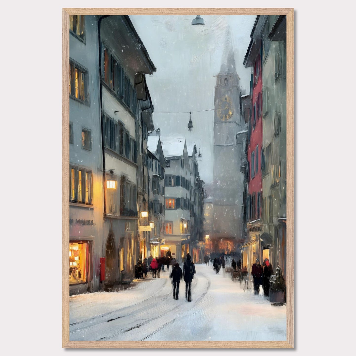 Snow falls gently between old town facades as people wander through glowing windows and quiet alleys. Time seems to slow. This image is a winter stroll, an ode to dusk, city calm, and warmth within.