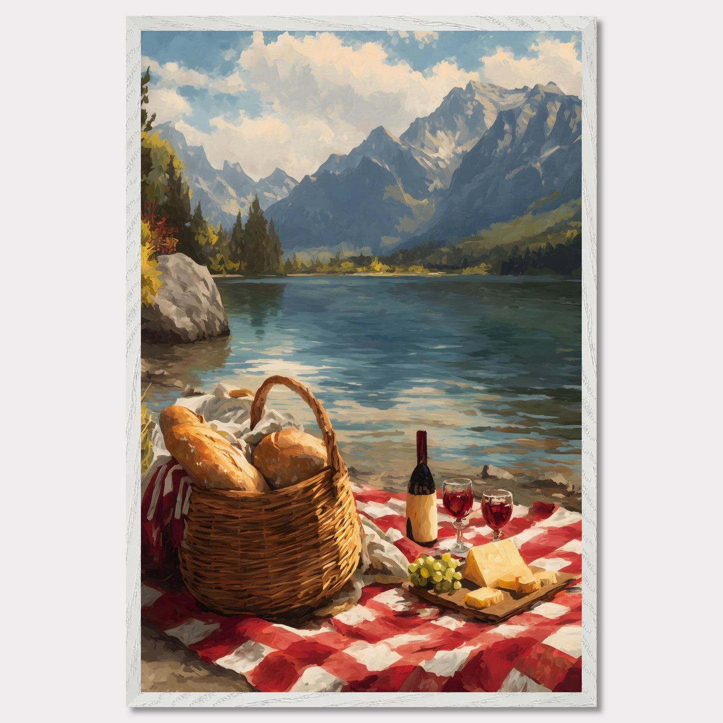 A checkered blanket lies beside a glistening lake, topped with fresh bread, wine, cheese, and grapes. Behind it all, towering mountains create a breathtaking backdrop. The scene celebrates indulgence, nature, and the timeless art of slowing down.