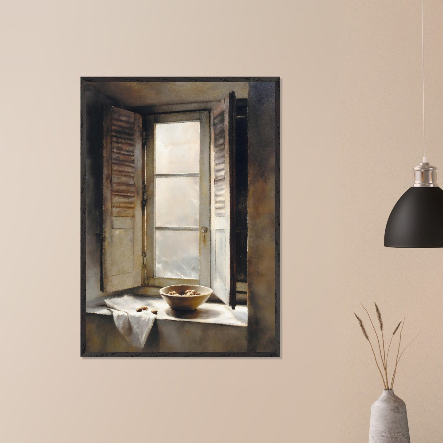 Golden light streams through an old shuttered window, catching the edge of a ceramic bowl filled with walnuts. A linen cloth rests gently nearby, suggesting quiet hands and slow mornings. This image is domestic poetry — a tribute to texture, stillness, and time.