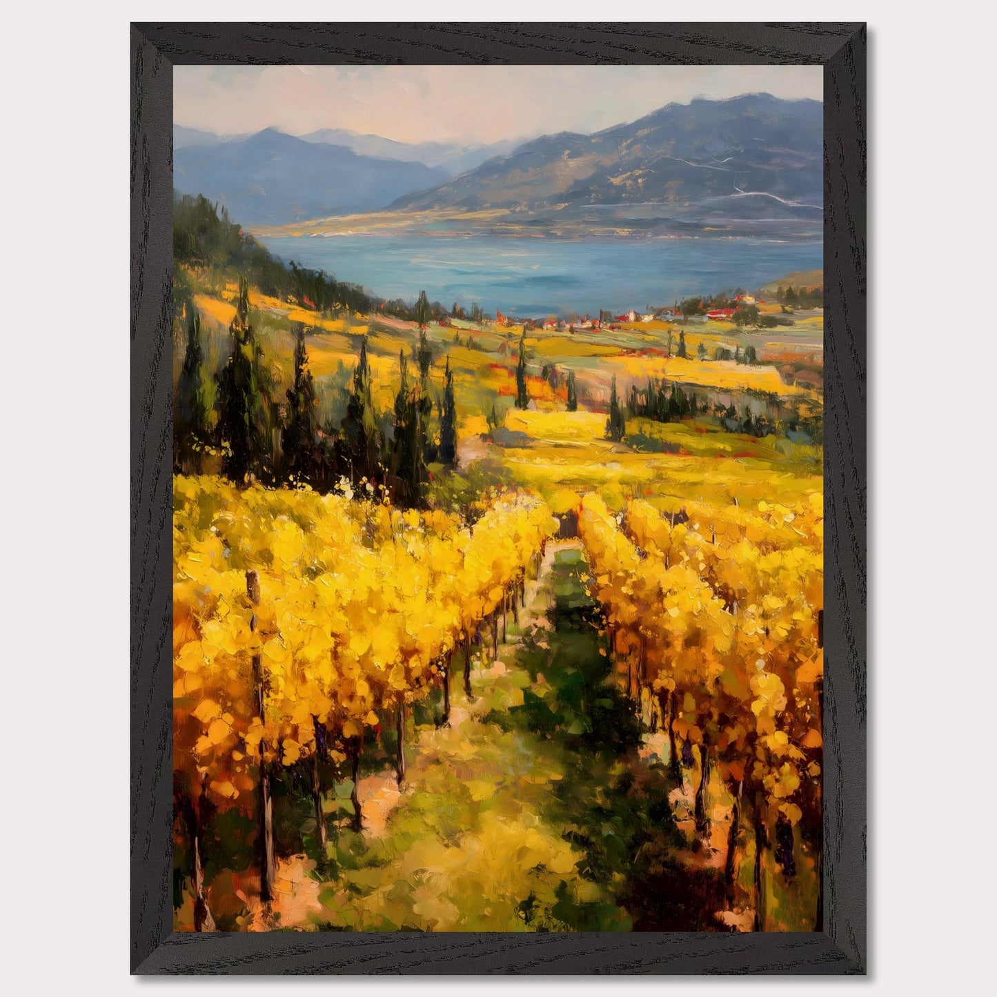 A row of sunlit grapevines leads into rolling fields above the lake. Cypress trees and red roofs add rhythm to the patchwork. This image is a painter’s geometry, an ode to land, season, and order.