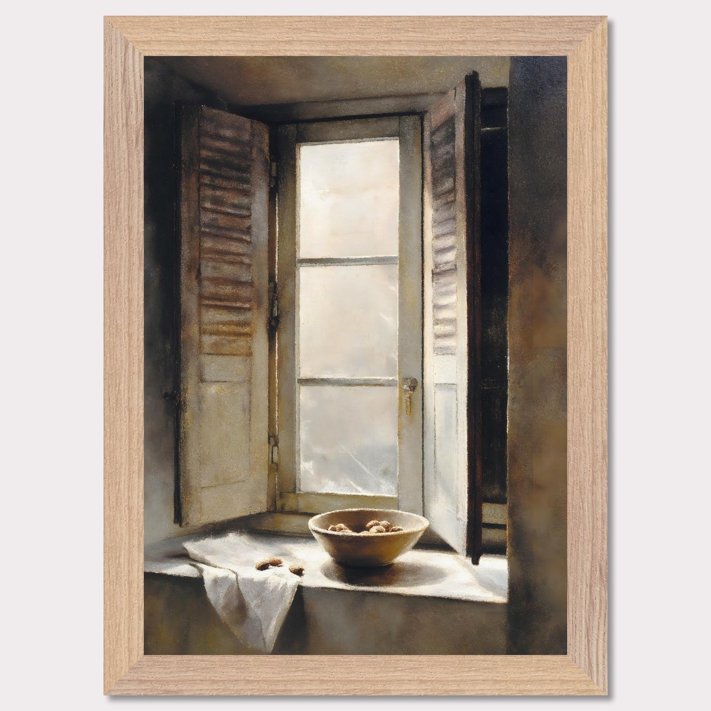 Golden light streams through an old shuttered window, catching the edge of a ceramic bowl filled with walnuts. A linen cloth rests gently nearby, suggesting quiet hands and slow mornings. This image is domestic poetry — a tribute to texture, stillness, and time.