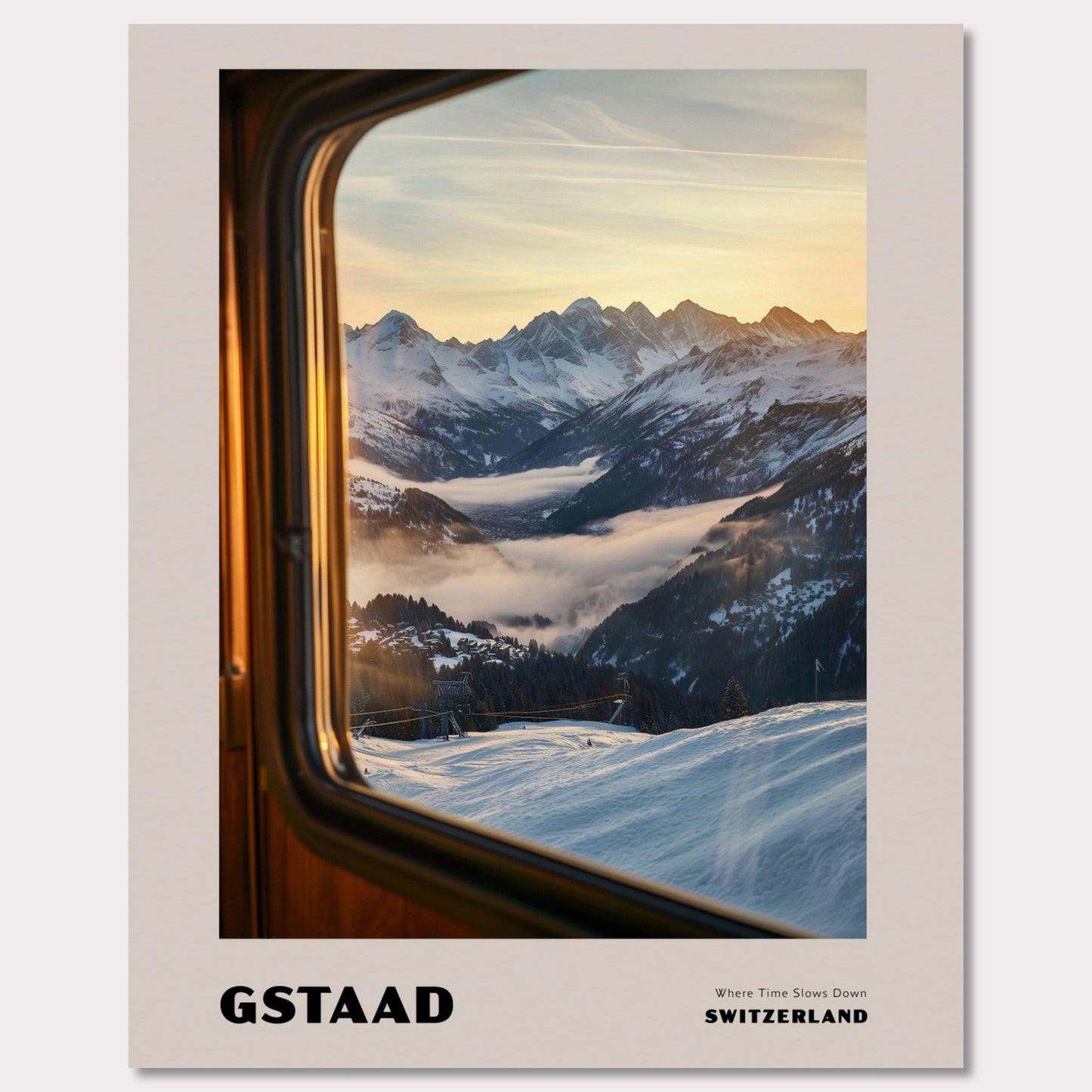 Poster titled 'GSTAAD. Where Time Slows Down' from ArtDarts