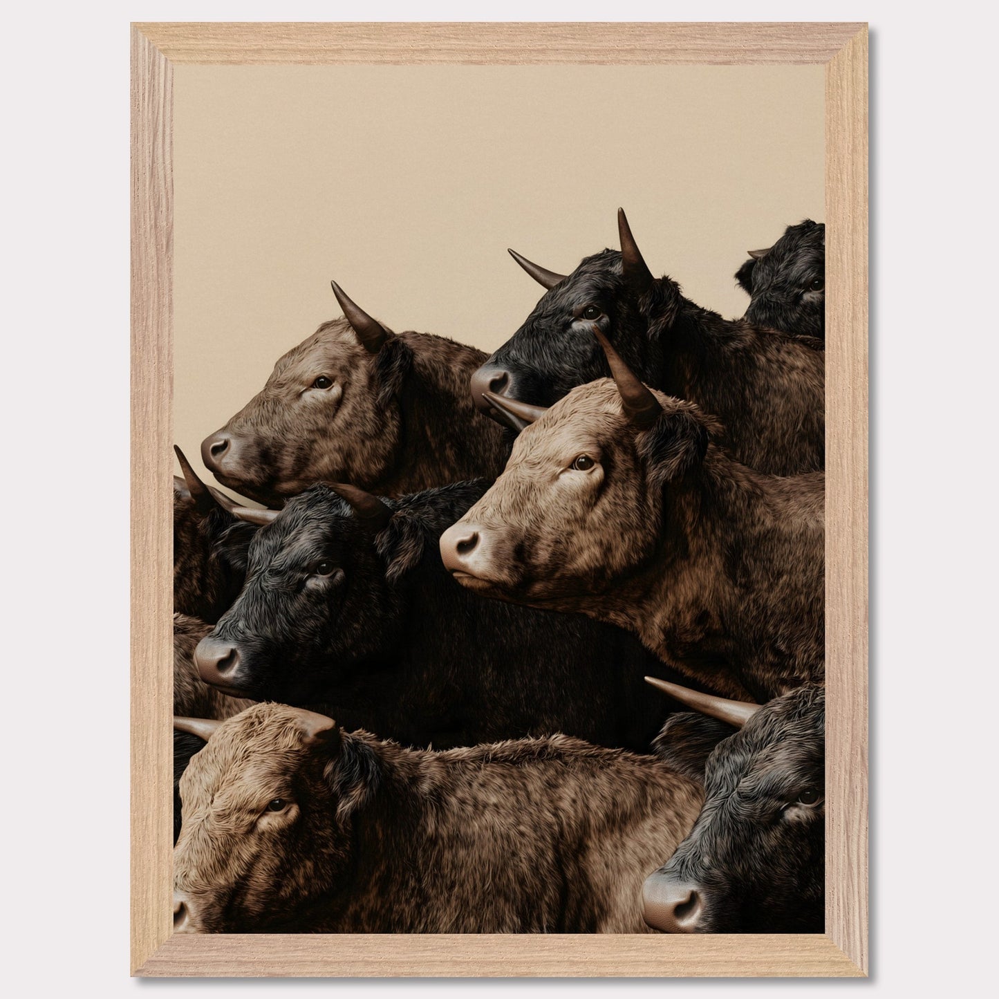 This illustration depicts a group of oxen with varying shades of brown and black fur, closely packed together against a plain beige background.
This poster will fit well in rustic or farmhouse-style interiors, animal-themed spaces, or art collections focusing on wildlife.