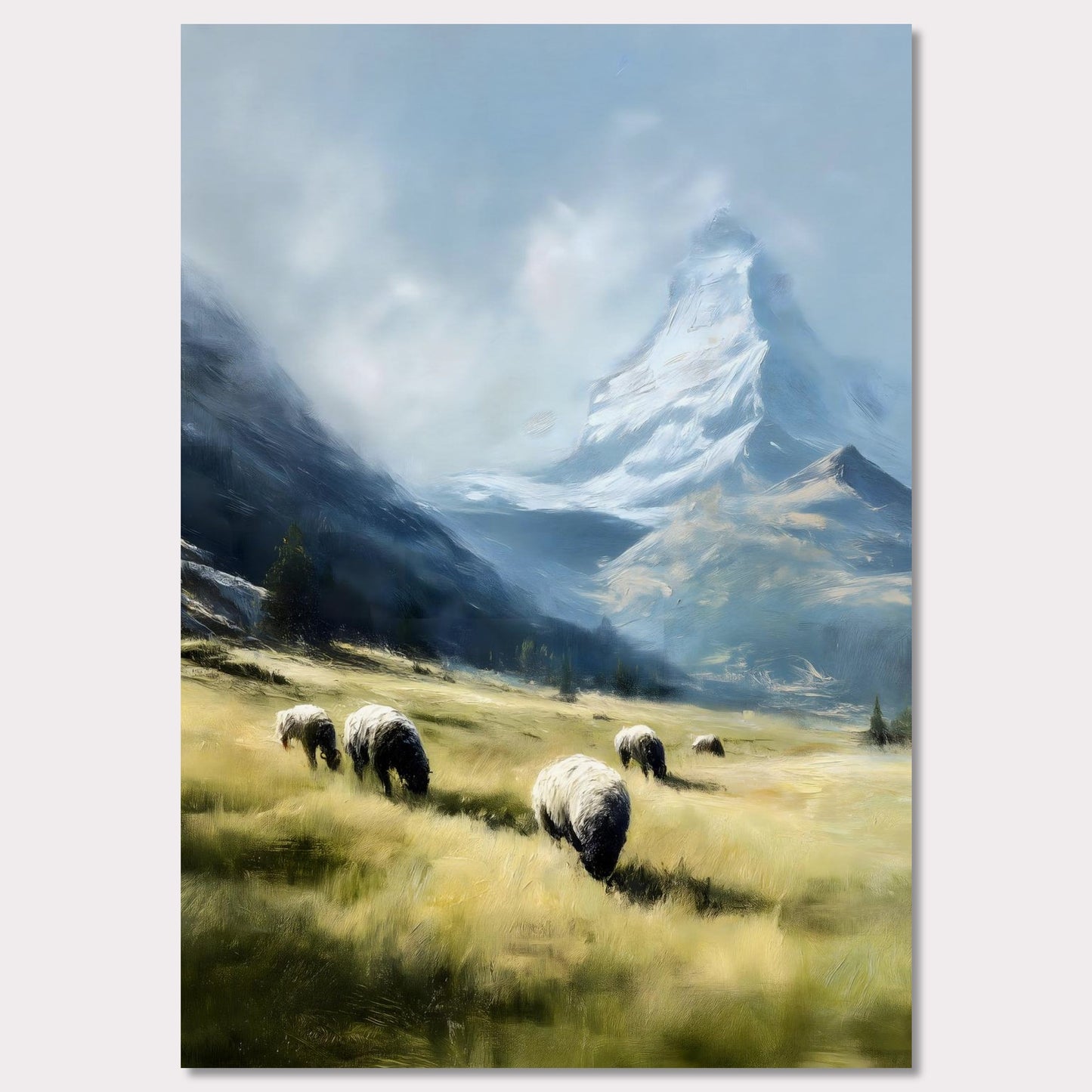 In the shadow of the Matterhorn, sheep graze peacefully on sunlit fields. This pastoral scene blends the grandeur of the Alps with the charm of rural life. The softness of the animals and golden grass contrasts beautifully with the snow-covered majesty above.