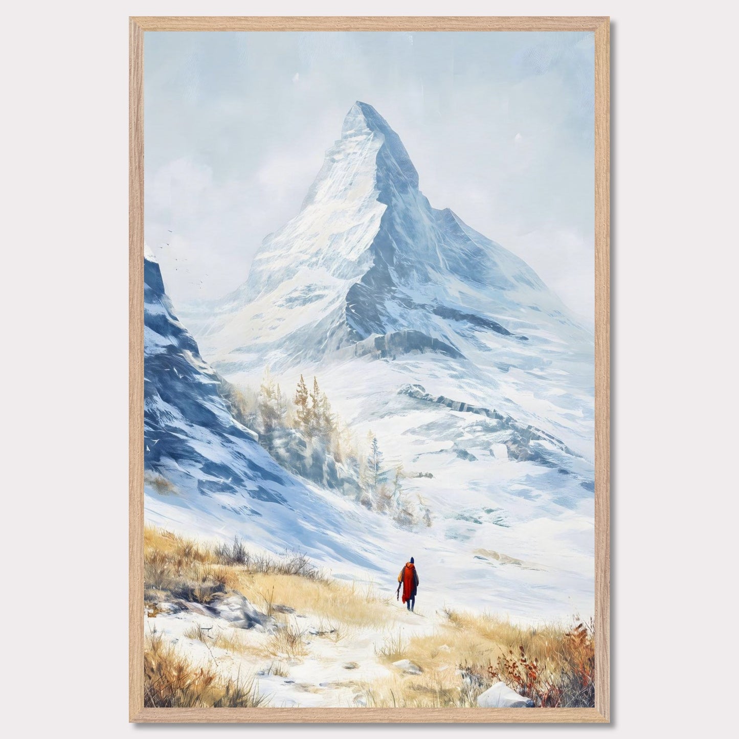 A solitary traveler in red walks toward a towering alpine peak, its icy edges kissed by winter sun. The snow-laced slope opens to a vast, crystalline silence, where motion feels reverent. This image captures the awe of ascent — a tribute to scale, solitude, and stillness.