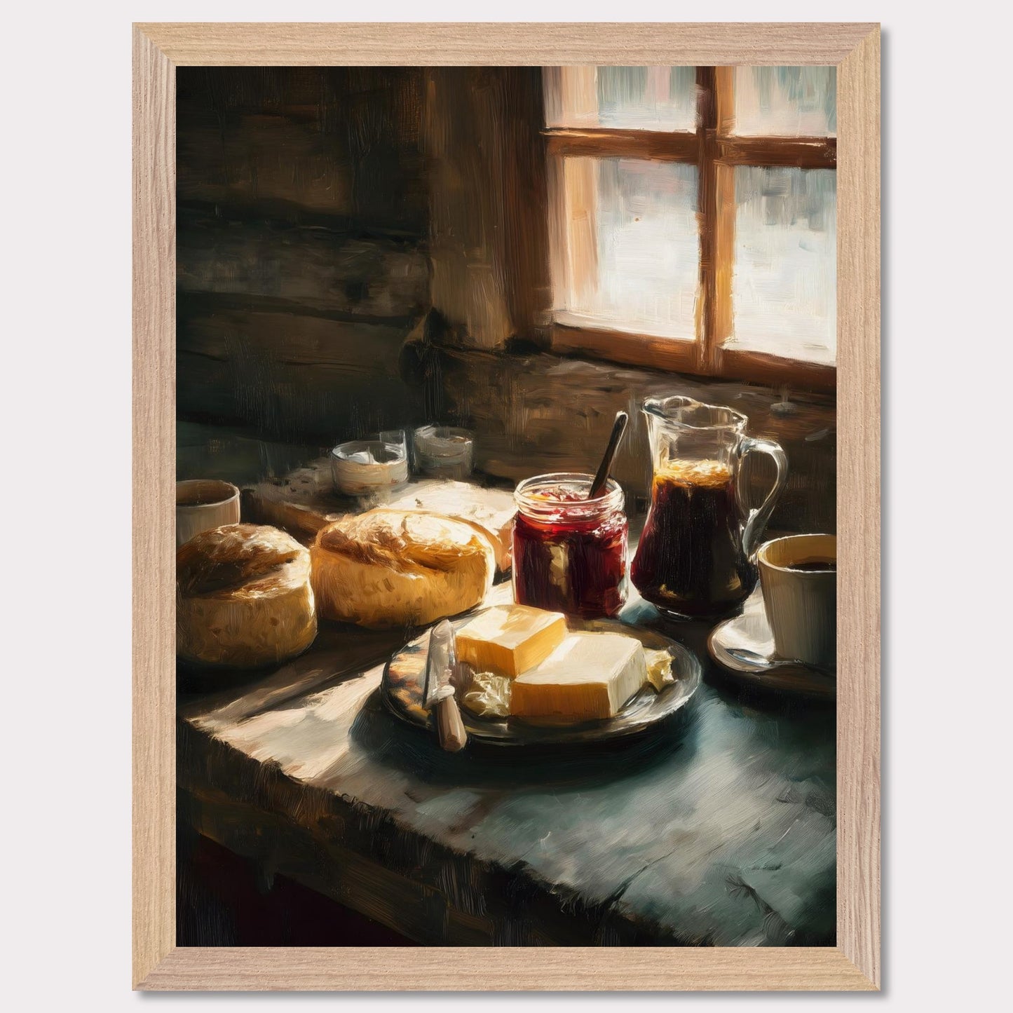 A rustic table holds fresh bread, butter, jam, and coffee beside a glowing window. Steam rises gently from the cup. This image is a quiet start, an ode to taste, ritual, and comfort.