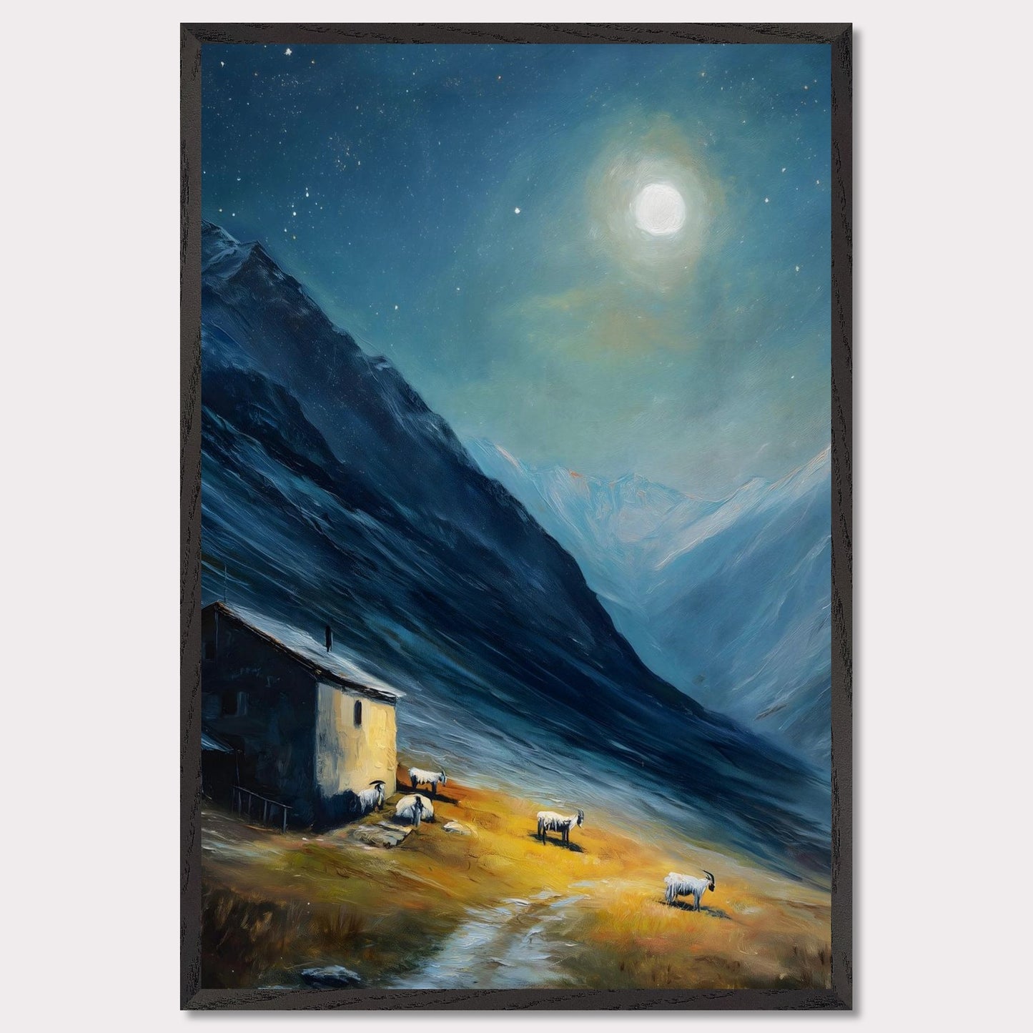 Nestled between dramatic cliffs, a single farmhouse glows under a sky heavy with storm and sun. The valley holds its breath — clouds swirl above while the earth remains grounded, golden, and still. This is a refuge at the edge of wildness.
