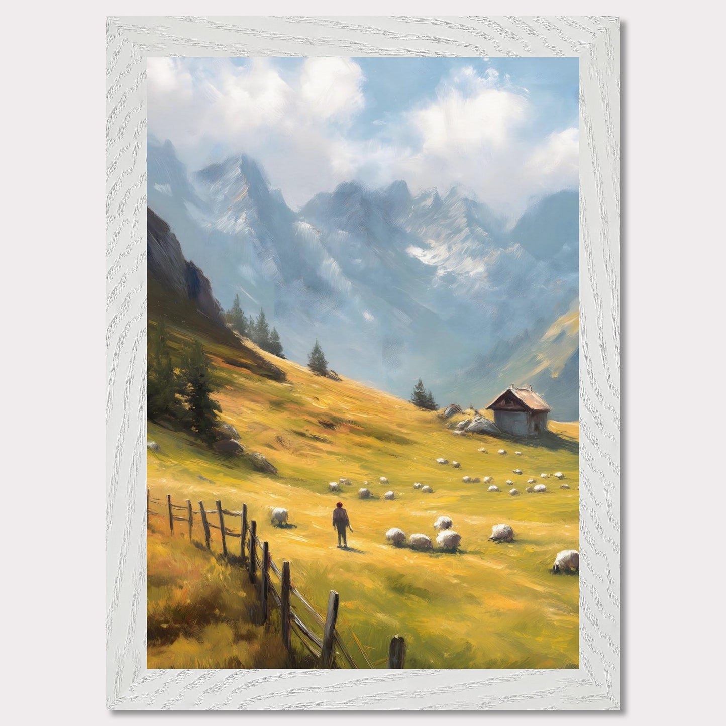 A shepherd tends his flock in a golden mountain pasture, surrounded by dramatic peaks and old-world charm. The wooden fence and cabin speak of a slower, enduring lifestyle. Bathed in warm light, this image transports viewers to a timeless Alpine morning.