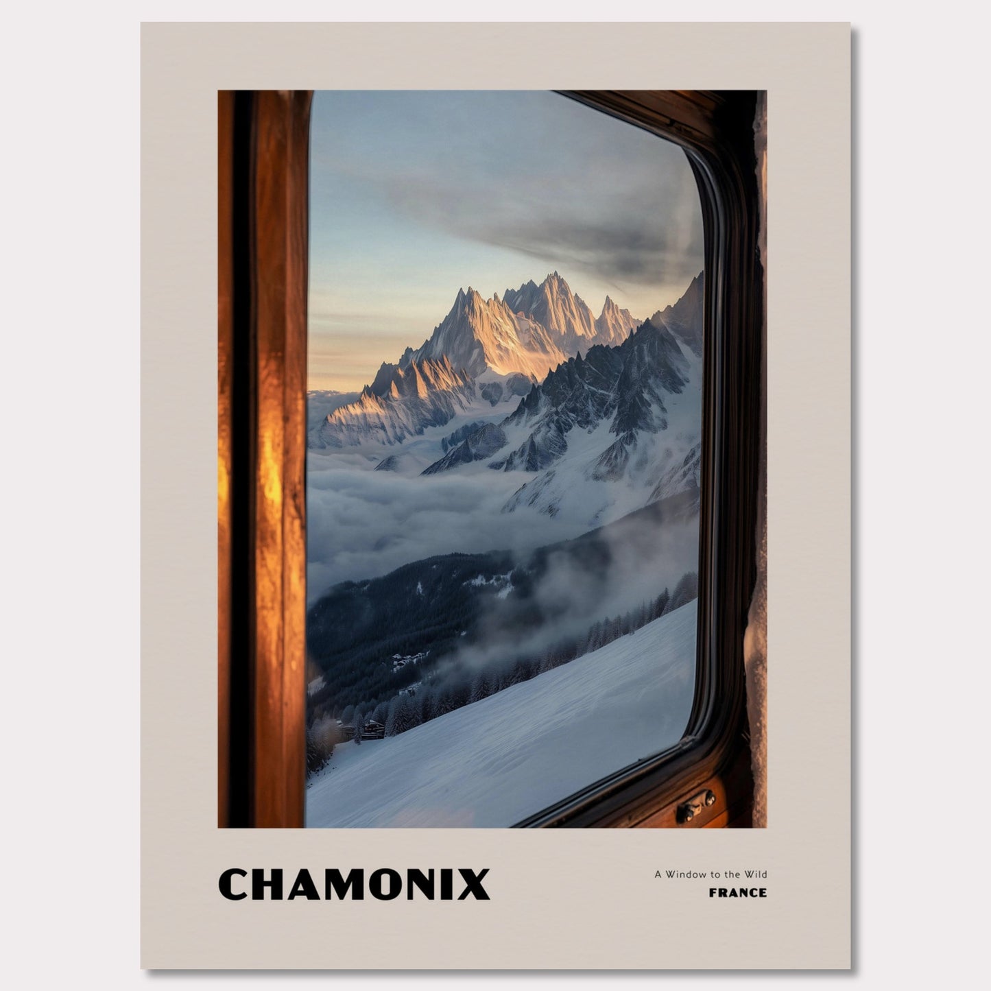 Poster titled 'CHAMONIX. A Window to the Wild' from ArtDarts