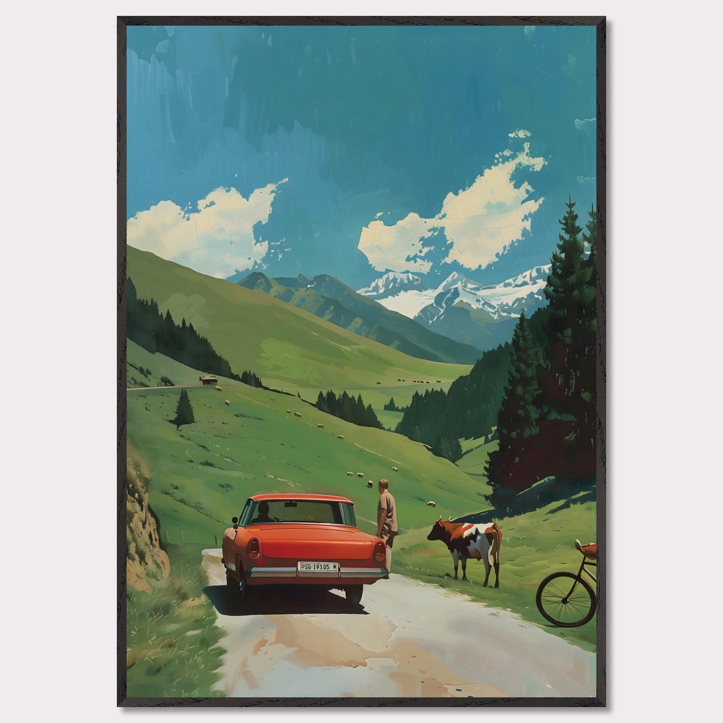 This picture depicts a serene countryside scene with a vibrant red car parked on a narrow road. A person stands beside the car, gazing at a cow that is standing nearby. The lush green hills stretch towards majestic snow-capped mountains under a bright blue sky dotted with fluffy white clouds. A bicycle rests against the tall pine trees, adding to the tranquil rural atmosphere.