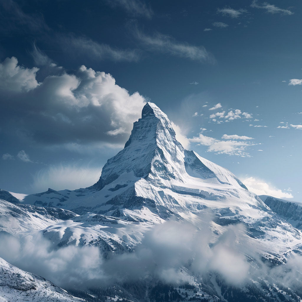 About the Matterhorn Mountain in the Swiss Alps, showcasing its iconic pyramid shape and snowy peak against the sky.
