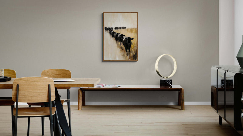 Vintage Switzerland posters displayed in a modern living room with natural wood furniture.