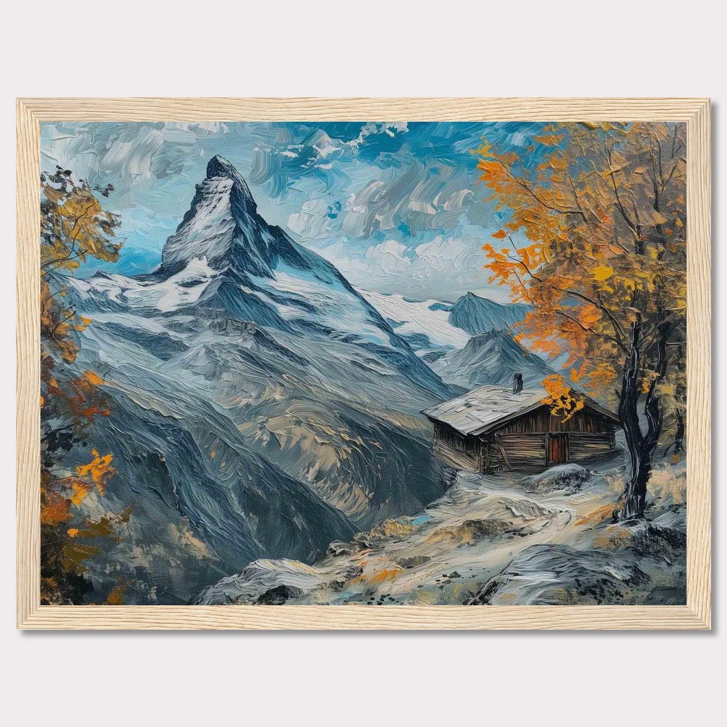 This stunning painting captures a serene mountain landscape with a quaint cabin nestled among the snow-covered peaks. The vibrant autumn foliage adds a splash of color against the majestic backdrop of towering mountains and a clear blue sky.