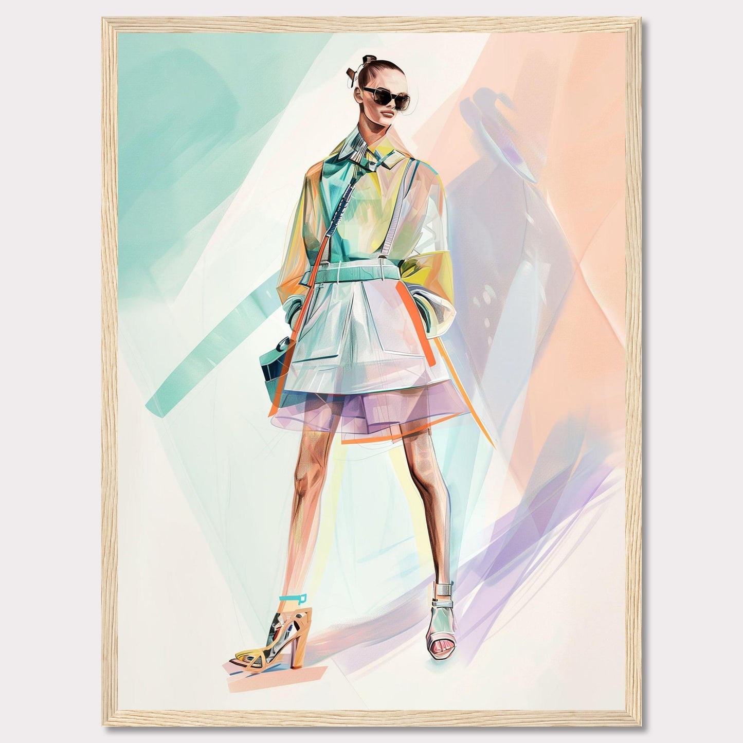 This stunning artwork features a stylish figure in a vibrant, modern outfit. The person is wearing a colorful, translucent coat over a layered skirt, with high-fashion heels and chic sunglasses. The background is an abstract blend of pastel colors, enhancing the fashionable vibe.