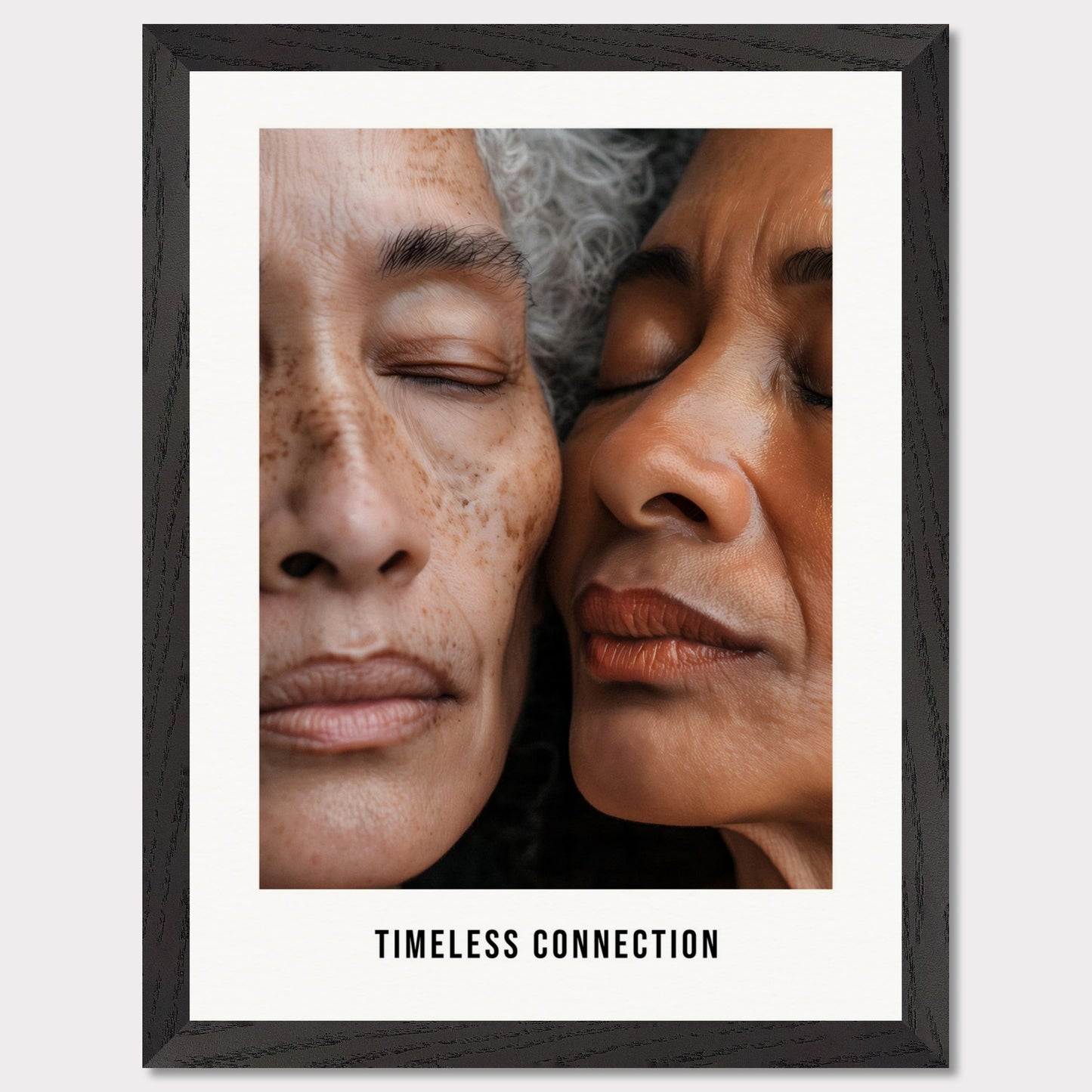 This illustration shows a close-up view of two elderly individuals with their eyes closed, conveying a sense of peace and connection. The text "TIMELESS CONNECTION" is displayed at the bottom.

This poster would fit well in a living room, bedroom, or any space meant for relaxation and reflection.