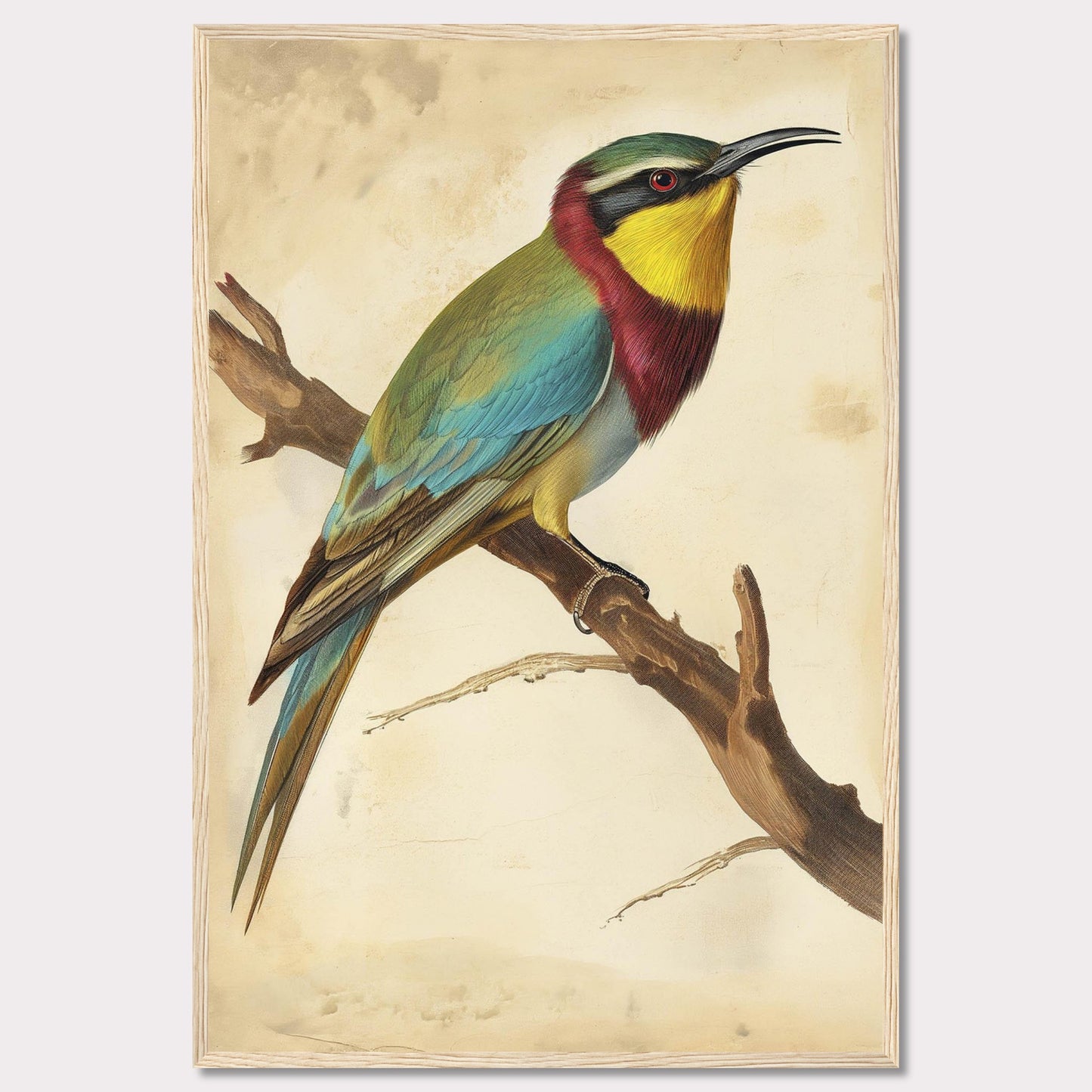 This captivating artwork features a vibrant bird perched on a branch, showcasing its colorful plumage. The background is a soft, muted beige that highlights the bird's bright hues. The bird's feathers display a stunning array of colors, including green, blue, yellow, and red. The piece is framed in a simple black frame that complements the artwork without detracting from it.