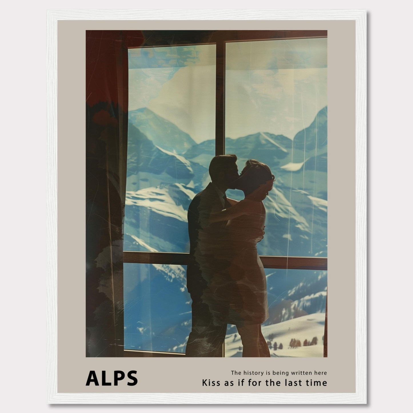 A romantic poster featuring a couple sharing a kiss with the breathtaking backdrop of the Alps visible through a large window. The serene snowy mountains and clear blue sky add to the emotional ambiance.