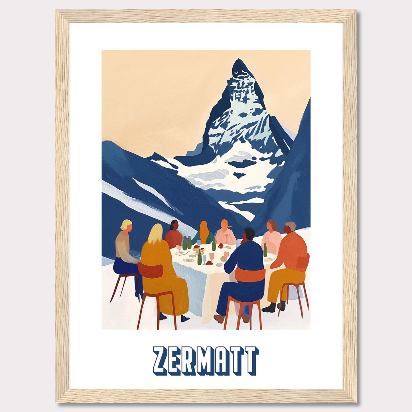 A vibrant and artistic illustration of a group of people dining outdoors with the majestic Matterhorn mountain in the background. The scene captures the essence of Zermatt, Switzerland.