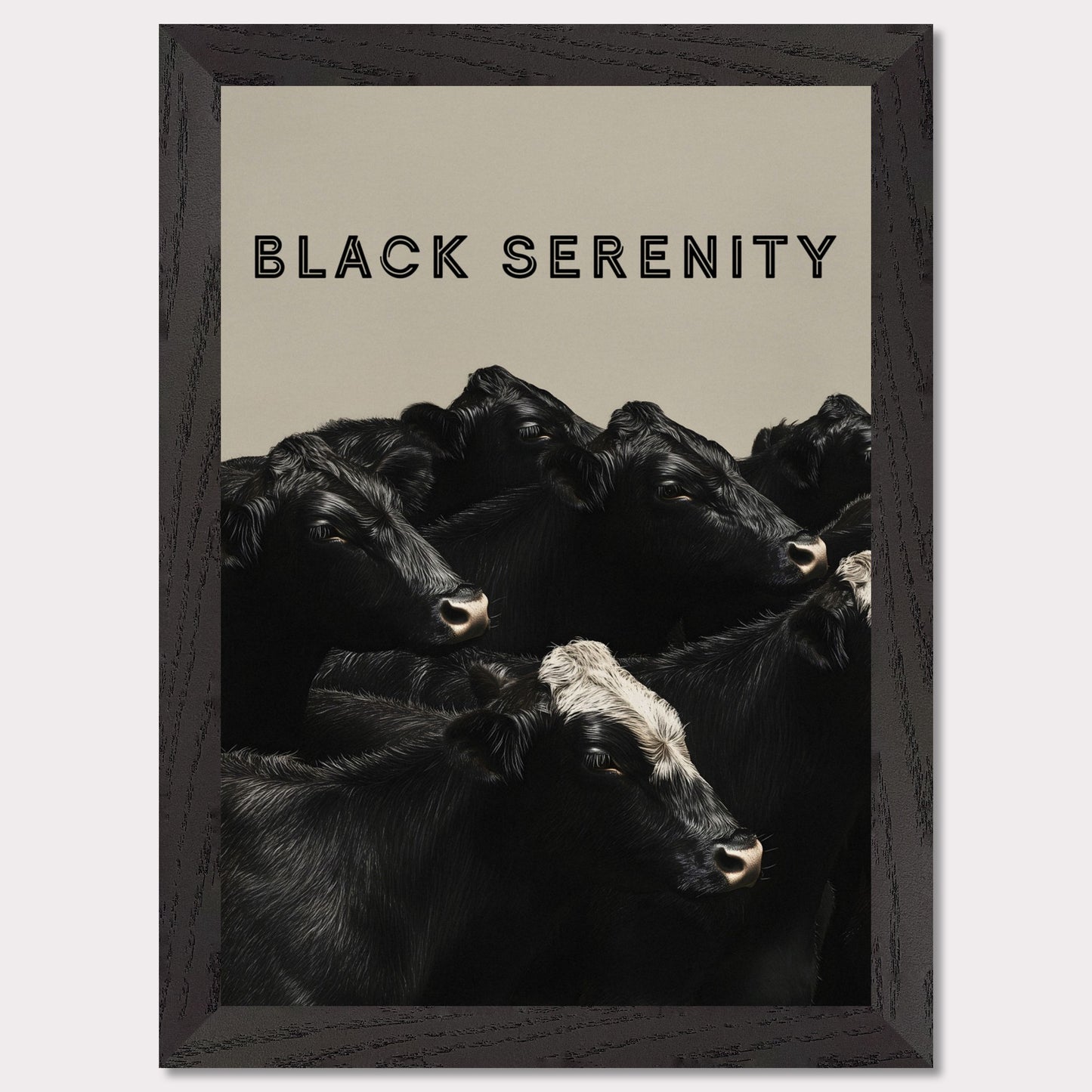 This image showcases a serene group of black cows, with one cow featuring a distinctive white marking on its head. The title "BLACK SERENITY" is prominently displayed at the top, emphasizing the calm and peaceful nature of the scene.