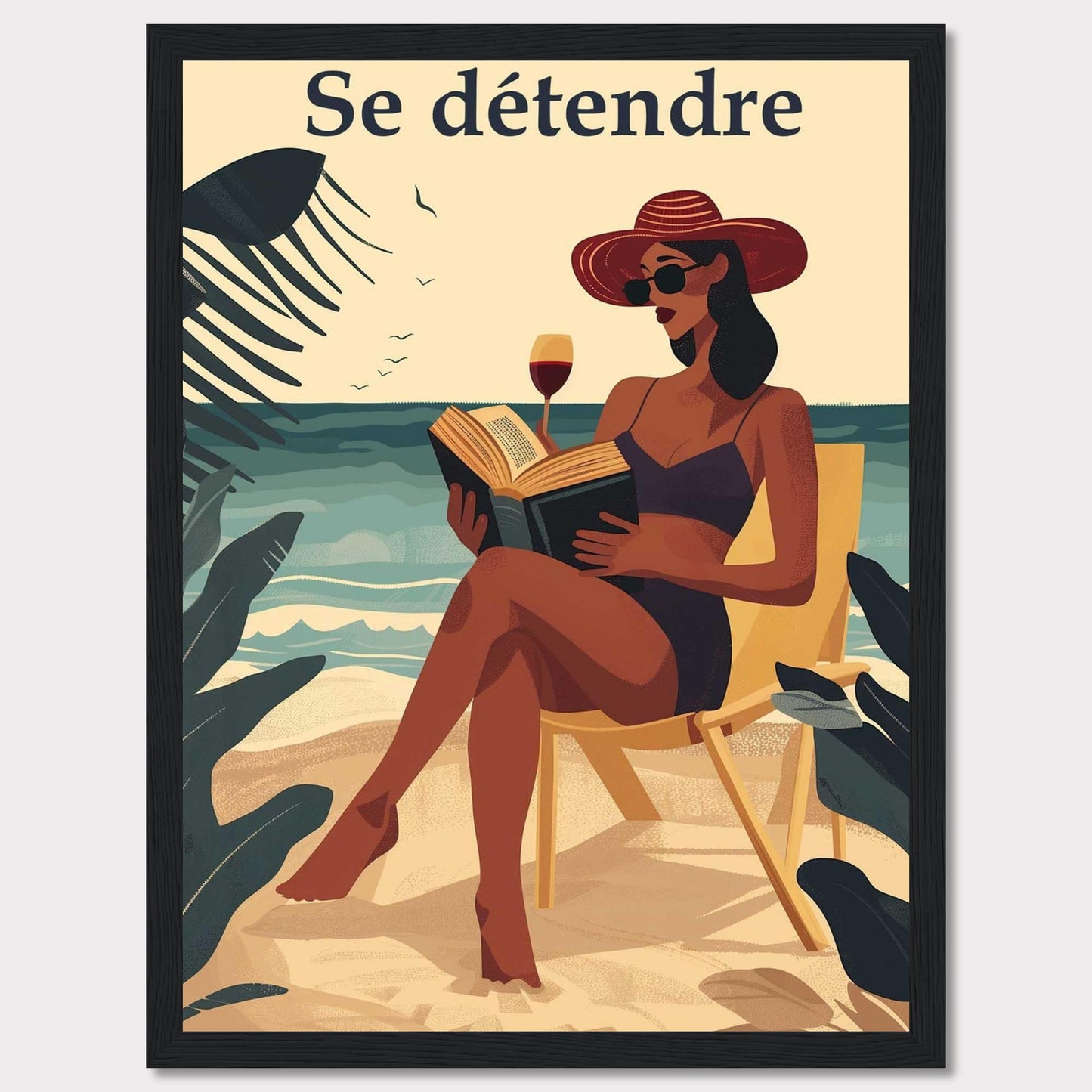 This illustration captures a serene beach scene with a woman relaxing on a chair, reading a book, and enjoying a glass of wine. The text "Se détendre" at the top translates to "Relax" in English.