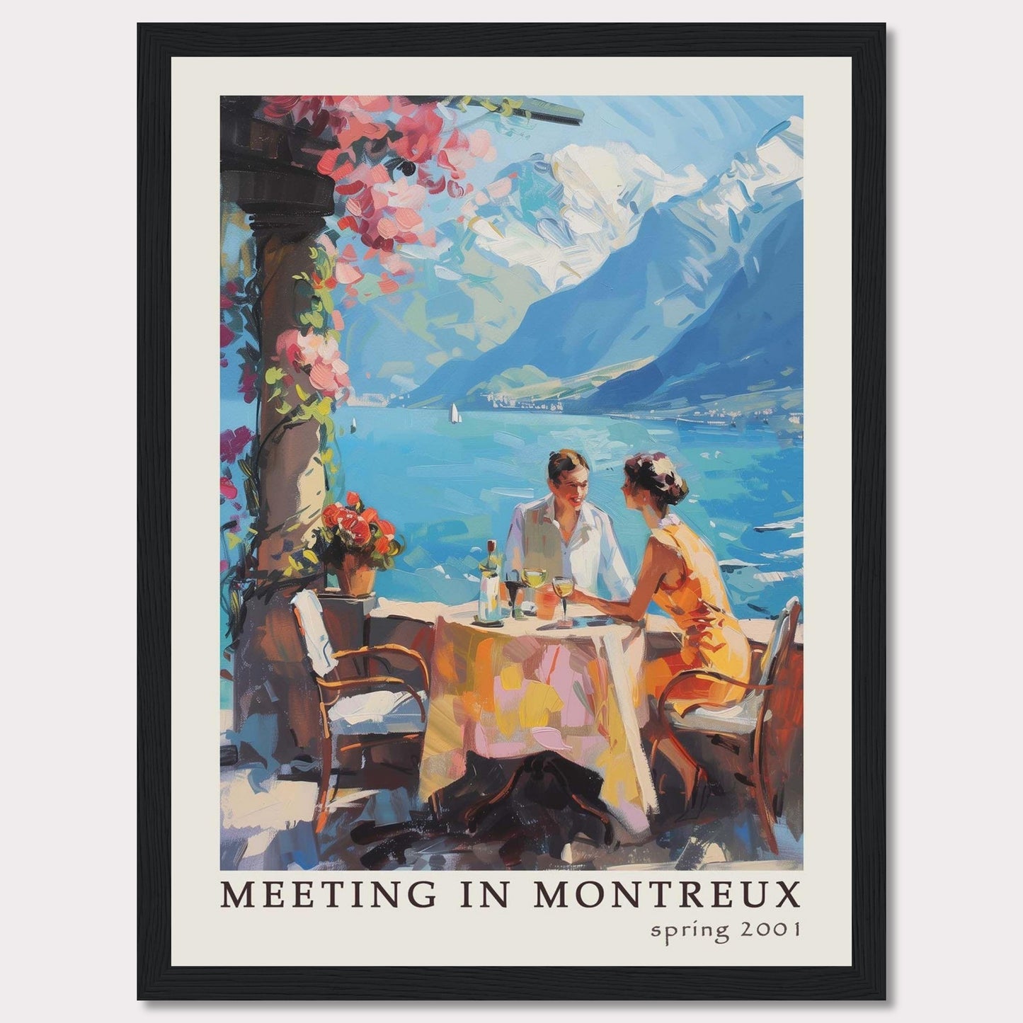 This vibrant poster captures a serene moment of a couple dining outdoors with the stunning backdrop of Montreux's picturesque lakeside and mountains.