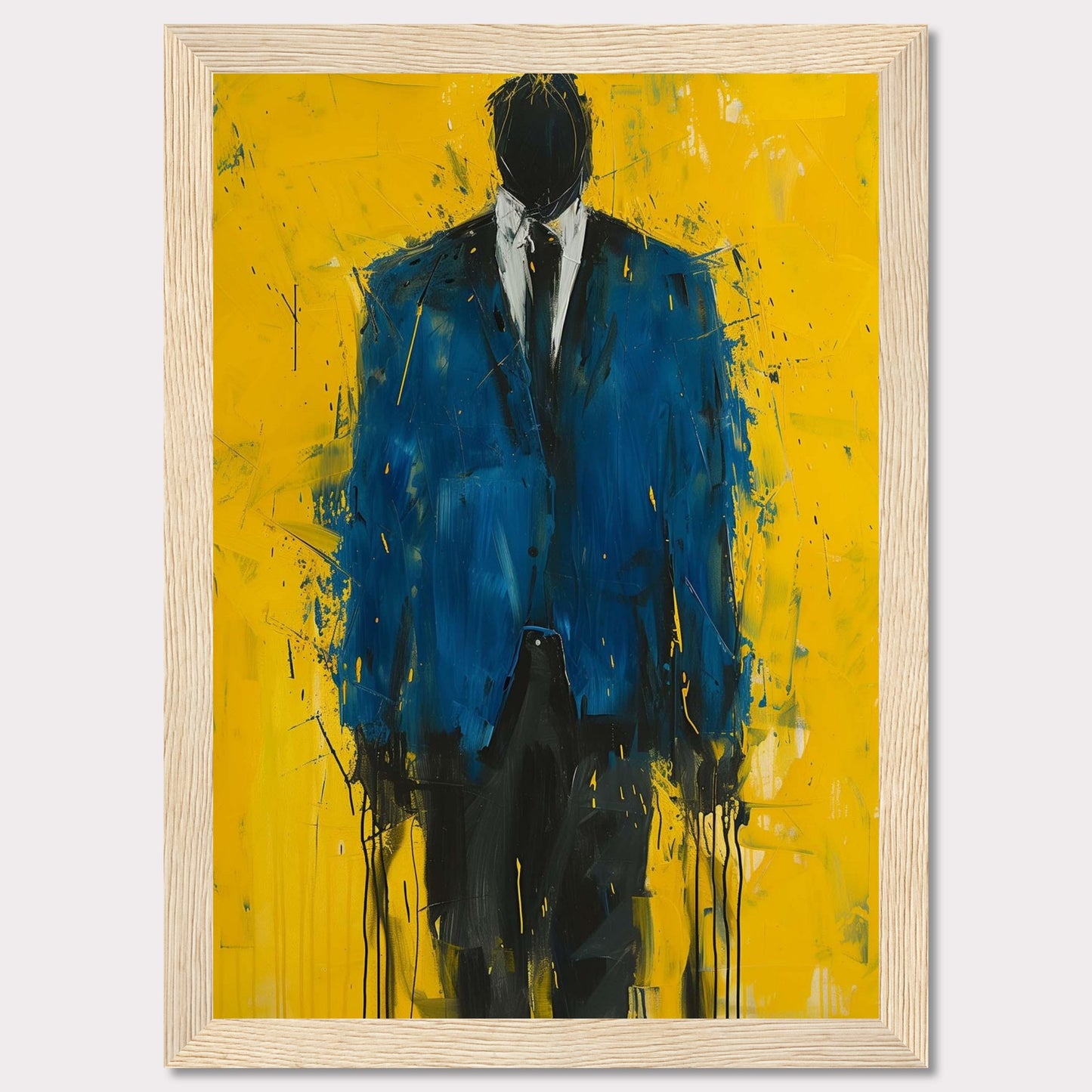 This striking painting features a faceless figure in a blue suit against a vibrant yellow background. The abstract style and bold colors create a powerful visual impact.