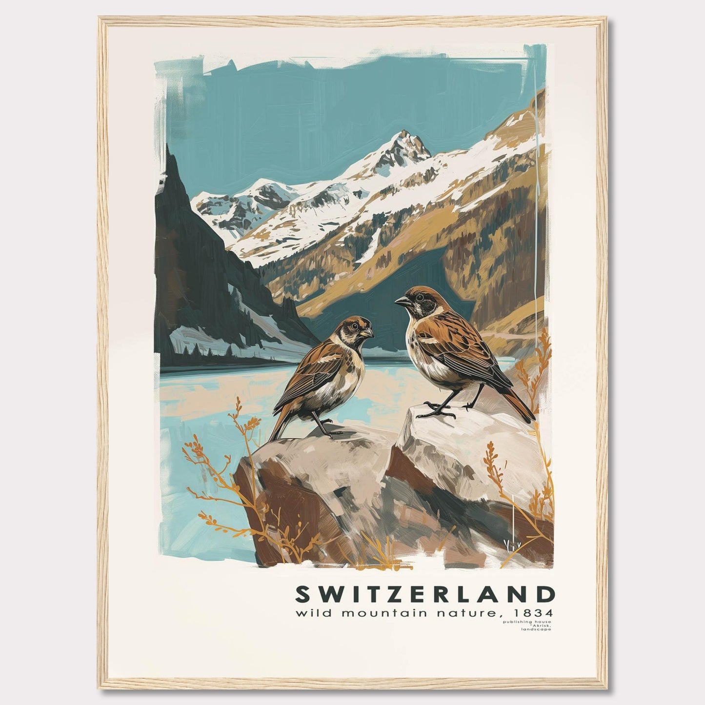 This beautiful illustration captures the serene and majestic nature of Switzerland. Two birds are perched on rocks in the foreground, with a breathtaking backdrop of snow-capped mountains and a tranquil lake.