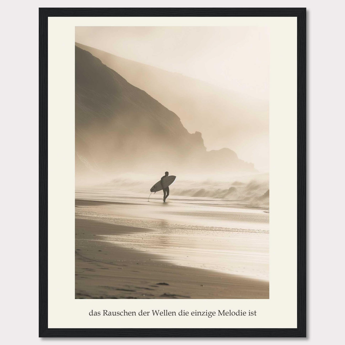 This captivating photograph captures a lone surfer walking along a misty beach, surfboard in hand, with towering cliffs in the background.