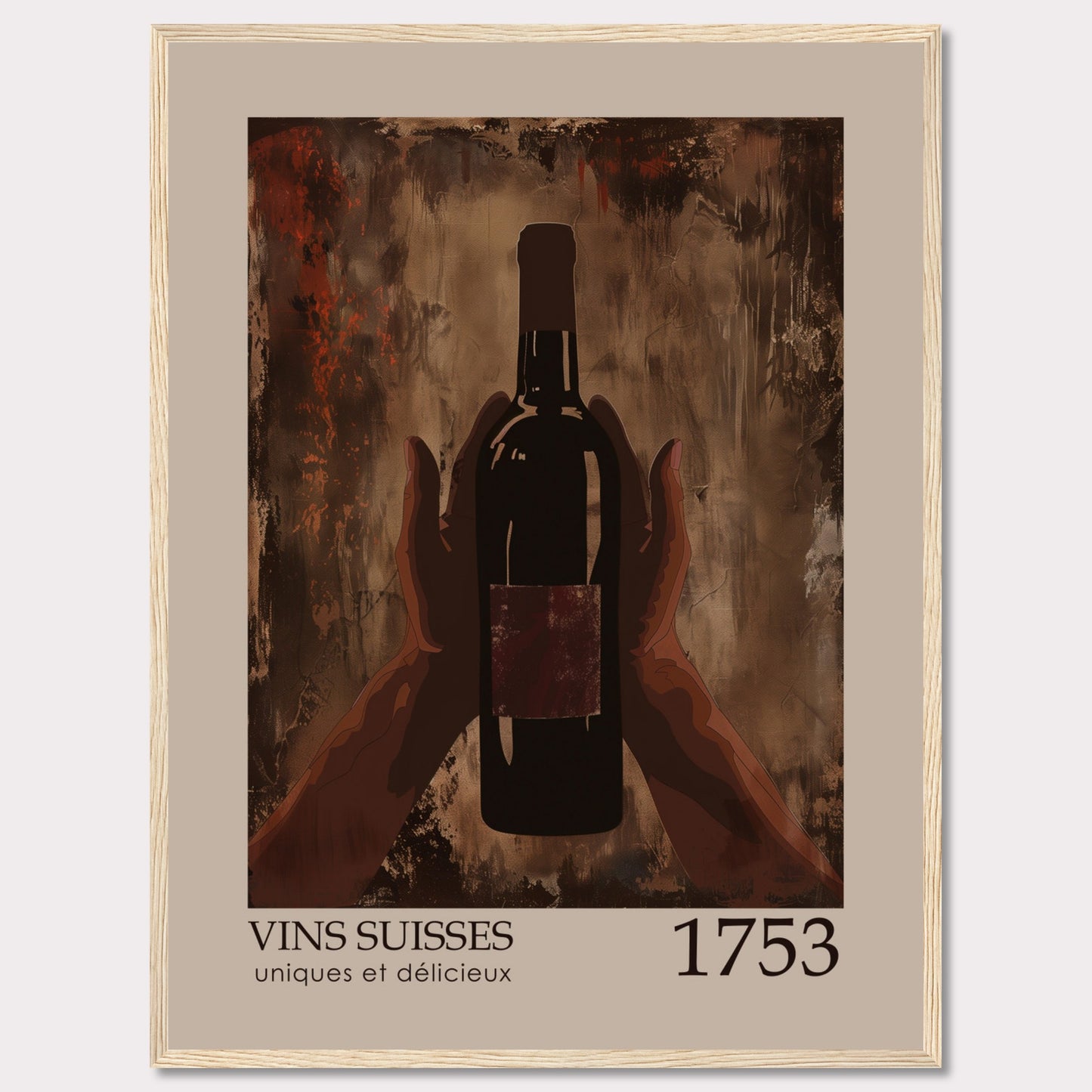 This image showcases a framed poster featuring a bottle of wine held by two hands against an abstract, textured background.