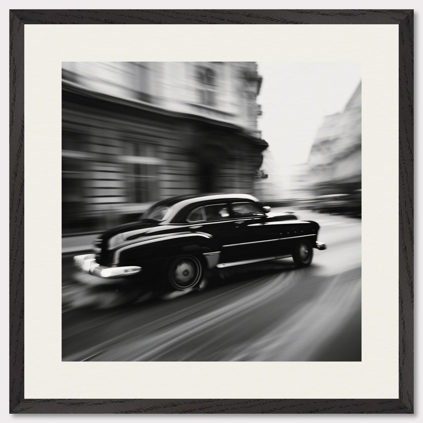 This illustration depicts a black vintage car speeding through a city street, with buildings blurred in the background to convey motion.