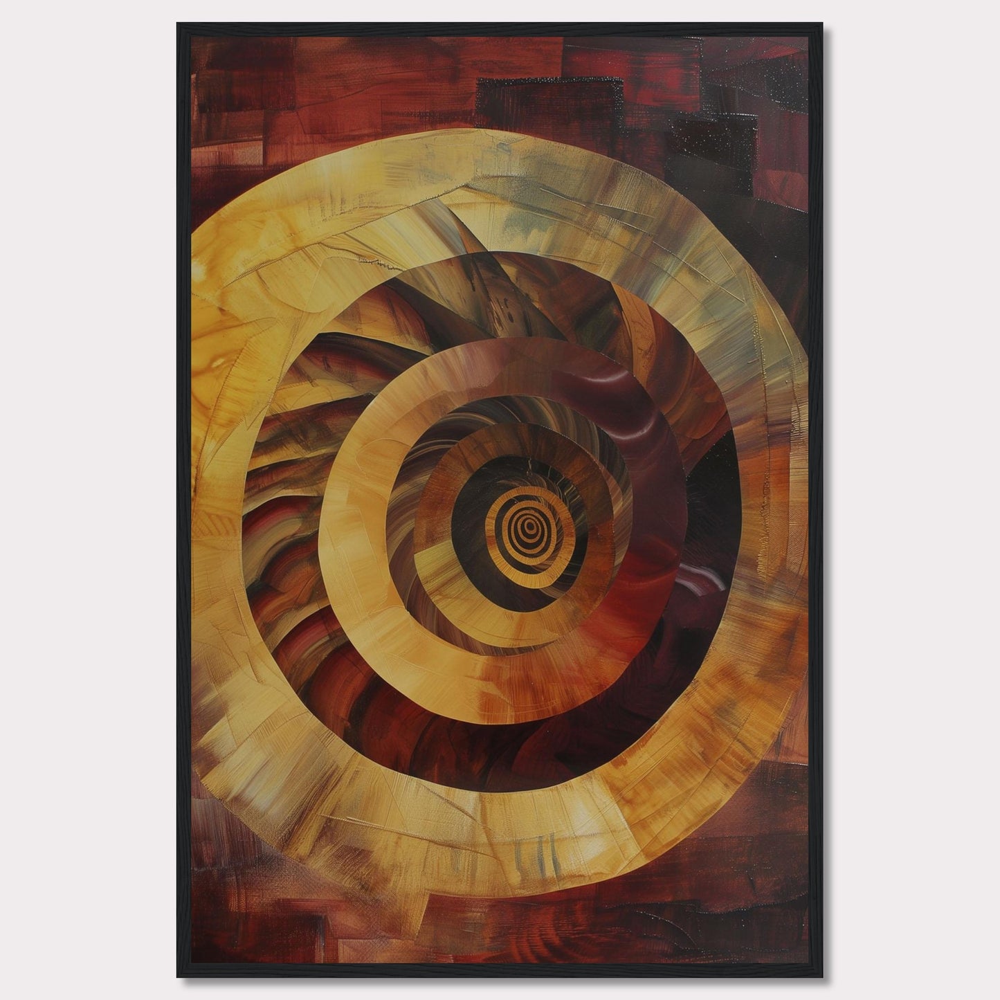 This captivating abstract painting features a mesmerizing spiral design, drawing the viewer into its depths. The artwork is dominated by warm tones of red, orange, and yellow, creating a sense of movement and energy.