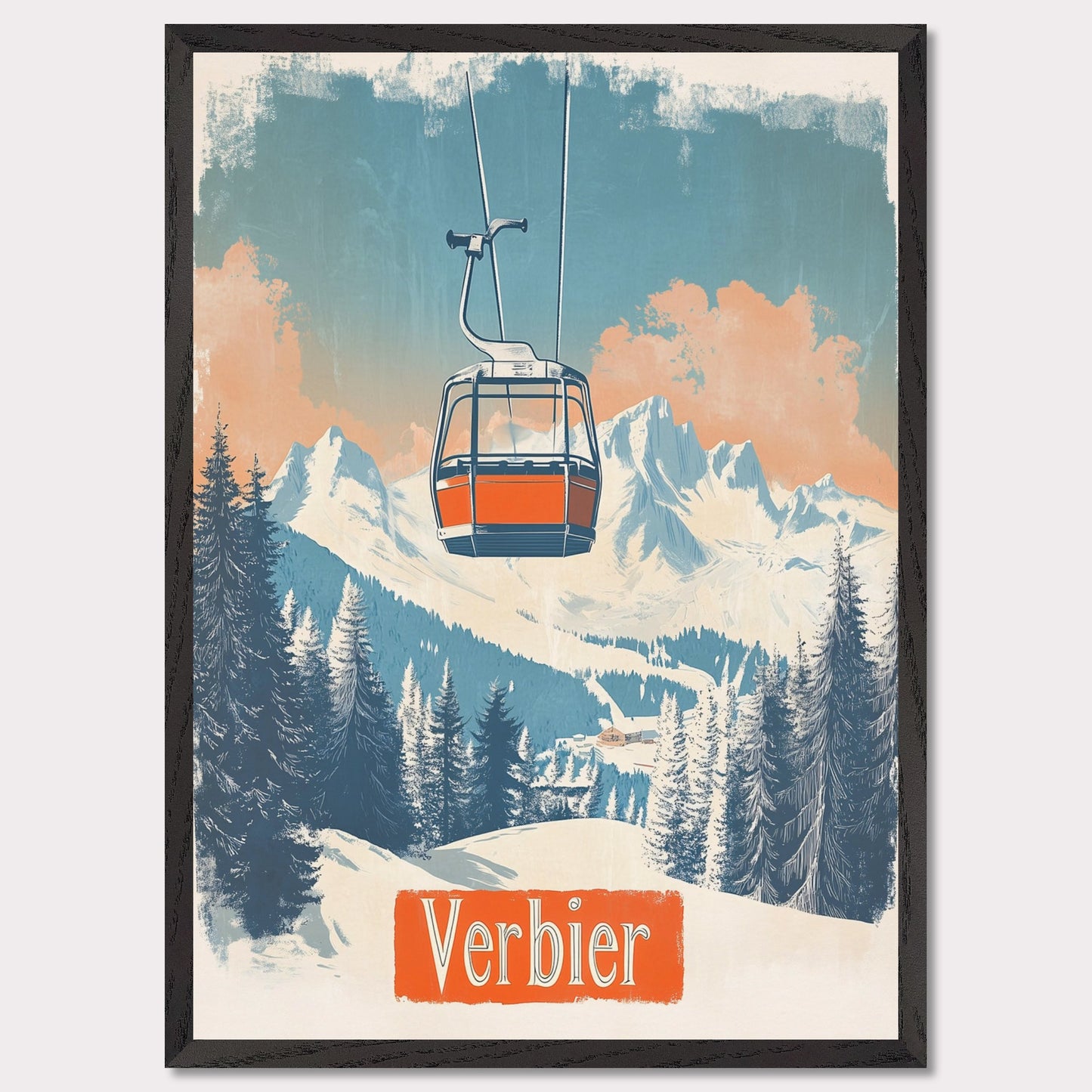 This picturesque retro-inspired poster showcases a vibrant orange gondola gracefully ascending the snowy mountainside of Verbier. The tranquil beauty of the landscape is captured with soft pastel tones in the sky, complemented by the rugged peaks in the distance. The modern gondola stands in contrast to the pristine, snow-covered trees, evoking a sense of peaceful adventure and the journey to the mountain’s summit. The vintage art style enhances the nostalgic vibe of alpine exploration.