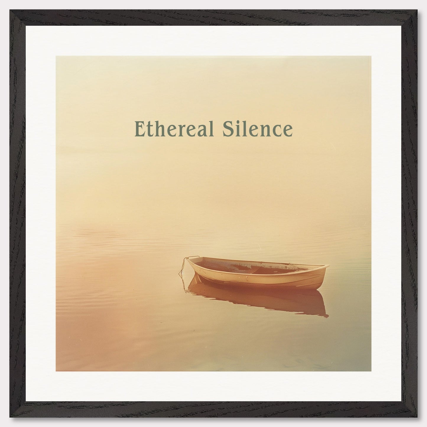 This serene photograph features a solitary rowboat gently floating on calm waters under a soft, ethereal light. The words "Ethereal Silence" are elegantly displayed above the boat, enhancing the tranquil atmosphere.