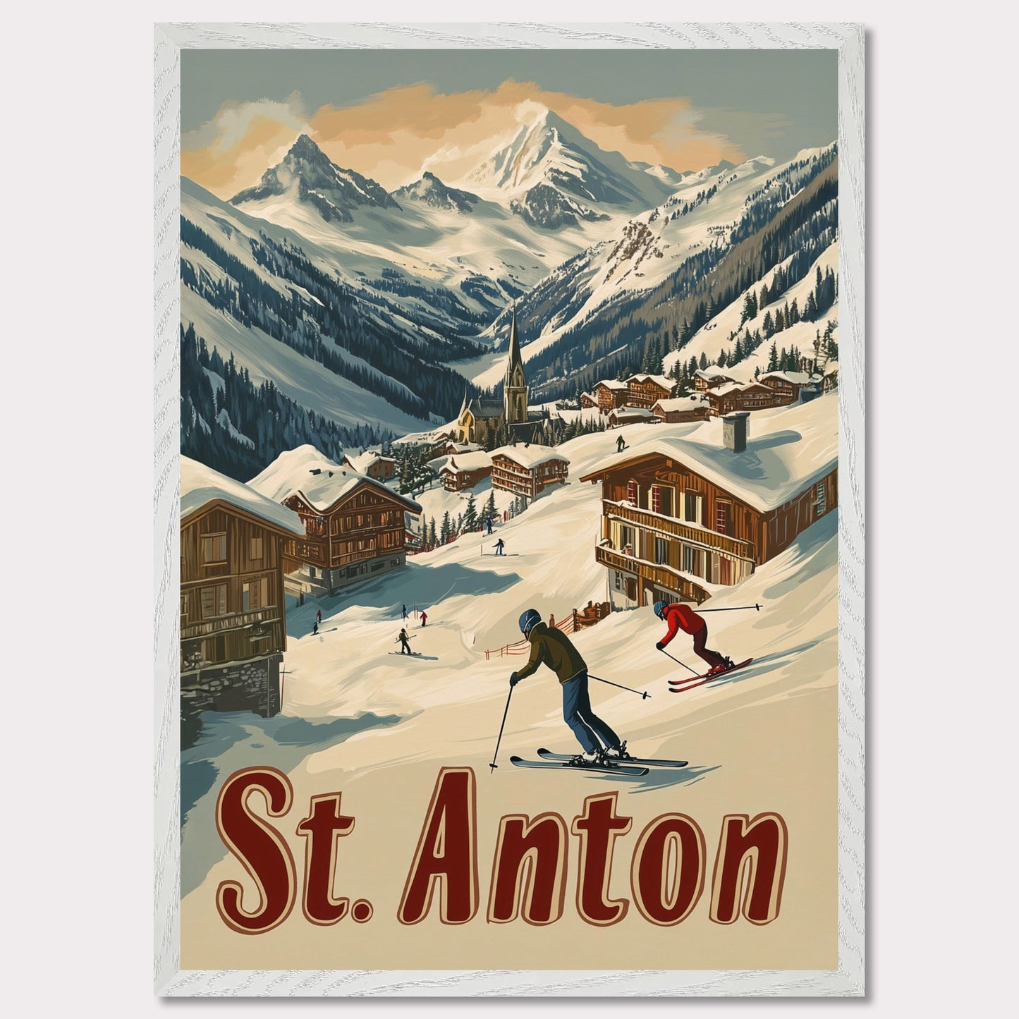 This captivating poster showcases the thrill of skiing in St. Anton, with a group of skiers carving through the fresh powder beneath the dramatic peaks of the Alps. The background features a picturesque village of wooden chalets nestled among the snow, while the rich retro colors and typography emphasize the adventurous spirit of St. Anton as a premier ski destination. The poster evokes both the excitement of the slopes and the warmth of alpine hospitality.