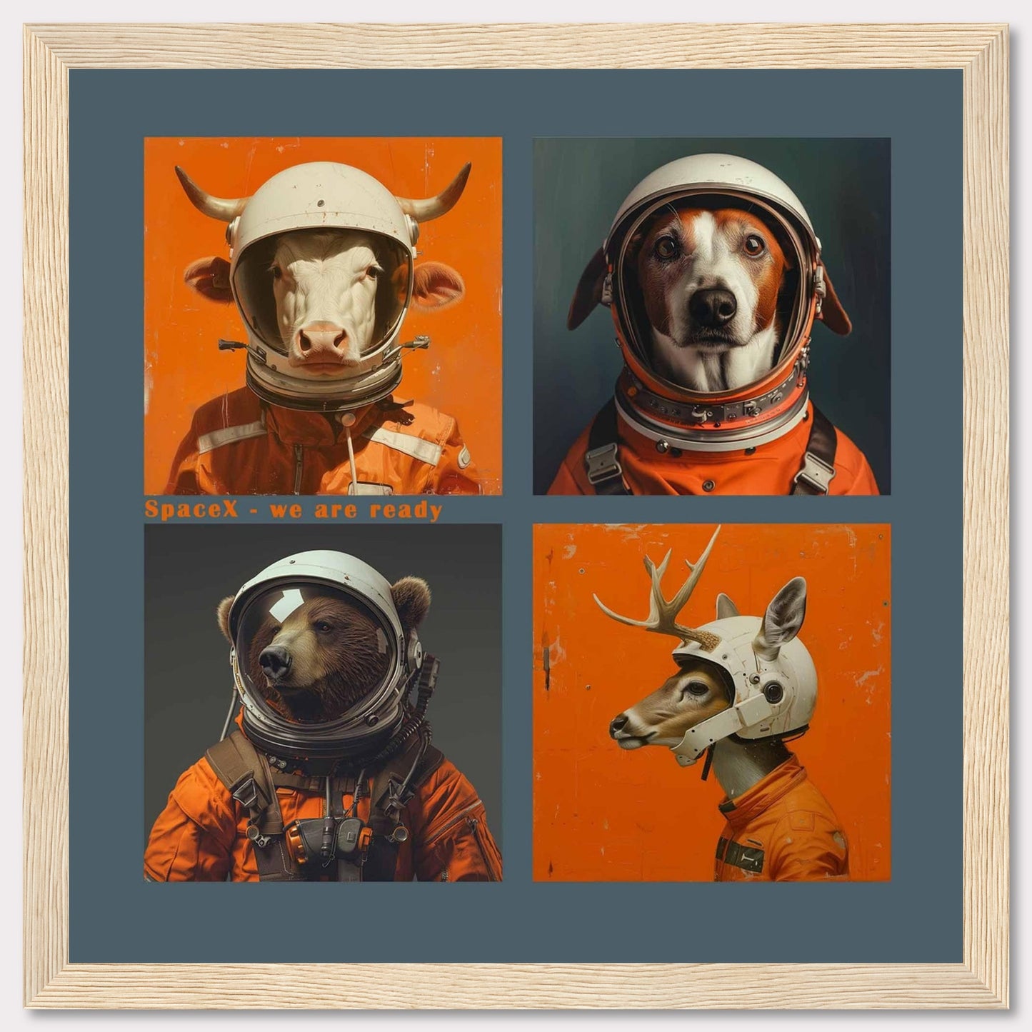 This whimsical artwork features four animals dressed as astronauts, ready for a space adventure. The animals include a cow, a dog, a bear, and a deer, each wearing an orange space suit and helmet. The text "SpaceX - we are ready" adds a playful touch to the image.