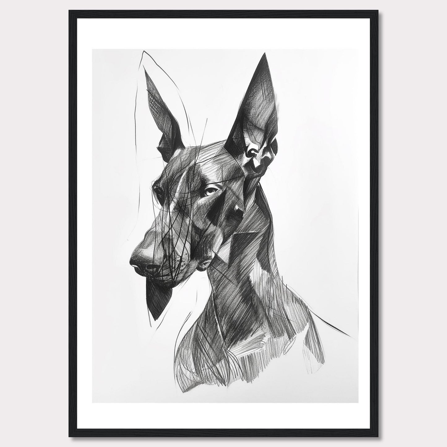 This captivating artwork features a detailed, abstract sketch of a dog, showcasing intricate lines and shading. The black and white composition highlights the dog's expressive eyes and strong features, creating a striking visual impact. The minimalist background emphasizes the subject, making it a perfect piece for modern decor.