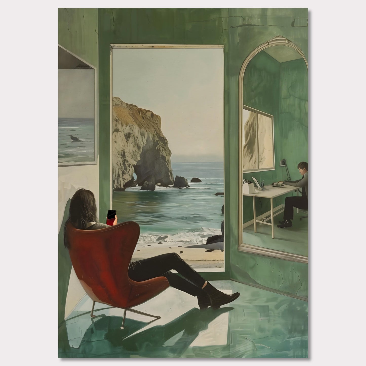 This captivating artwork depicts a serene coastal scene viewed from inside a room. A person is seated in a red chair, gazing out at the ocean through an open window. The reflection of another person working at a desk is visible in a large mirror on the right side. The room's green walls and floor create a calming ambiance, enhancing the peacefulness of the ocean view.