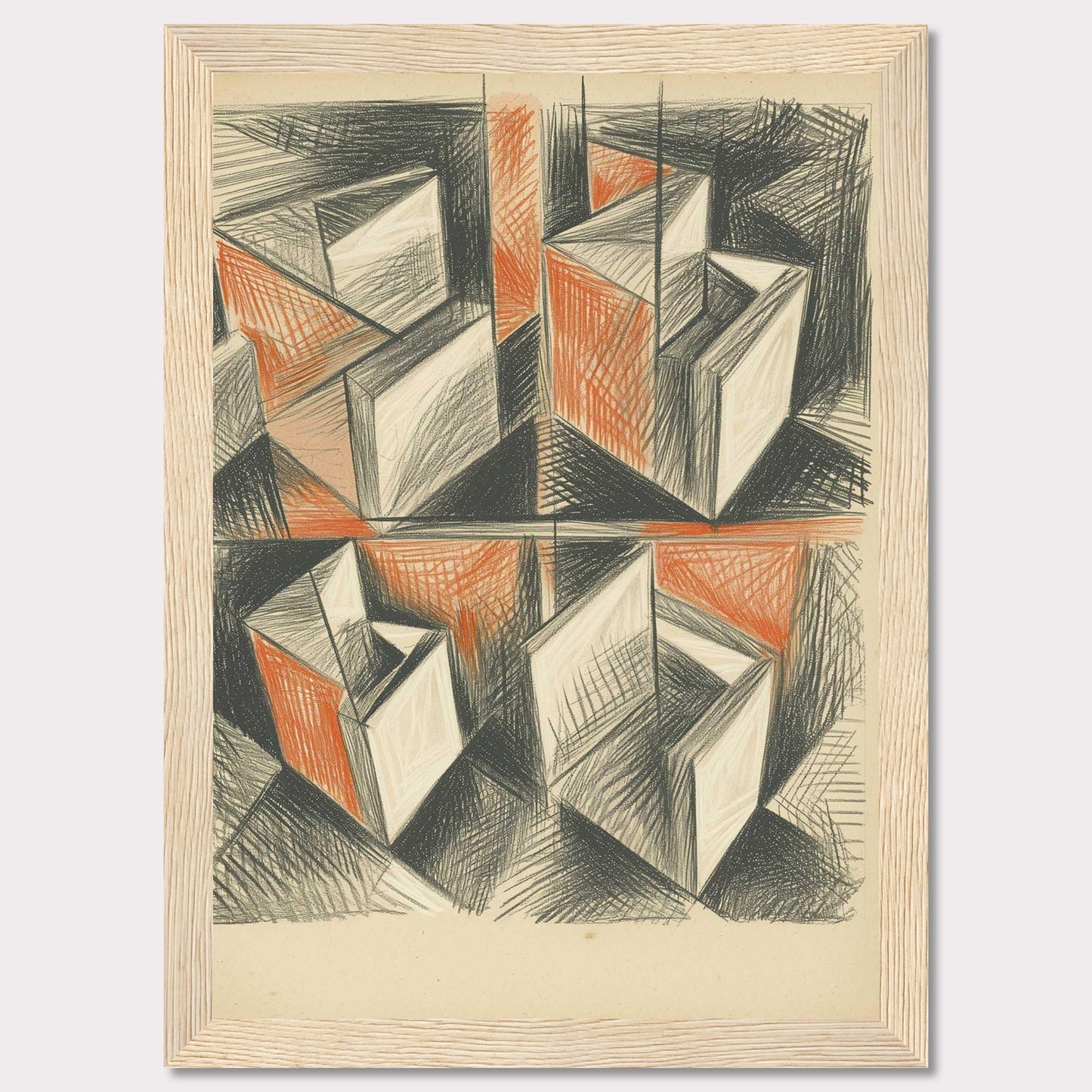 This artwork features an abstract geometric composition with intersecting shapes and lines. The use of black and orange tones creates a dynamic and intriguing visual effect.