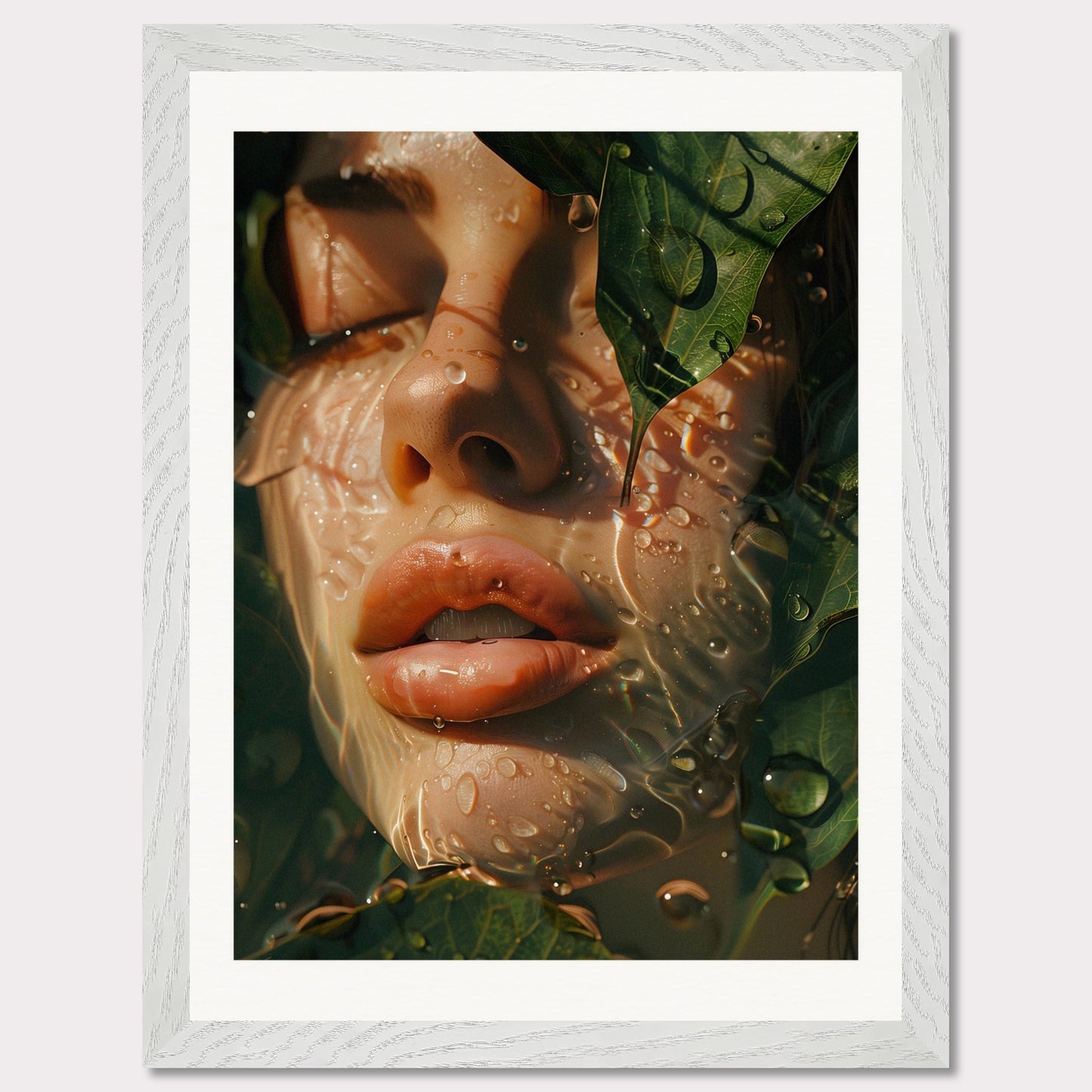 This is an artistic illustration depicting a close-up of a woman's face partially covered by leaves and water droplets.

This poster would fit well in a modern living room, bedroom, or office space, adding a touch of nature and surreal beauty to the decor.