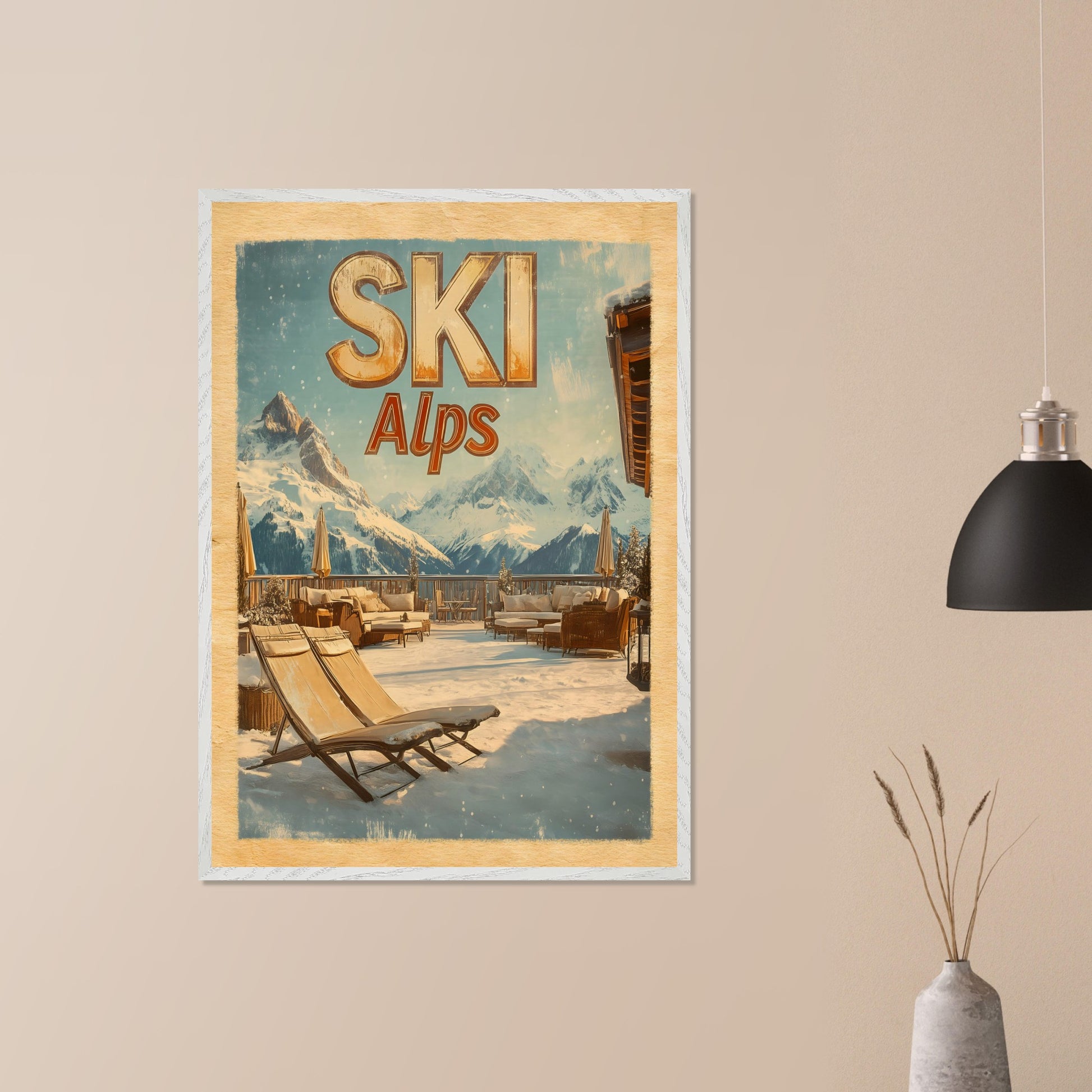 This captivating poster presents a luxurious alpine terrace overlooking majestic snowy peaks. The cozy lounge chairs, wooden railings, and soft golden light create an inviting winter escape. The serene atmosphere and breathtaking views evoke a sense of tranquility and connection to nature.