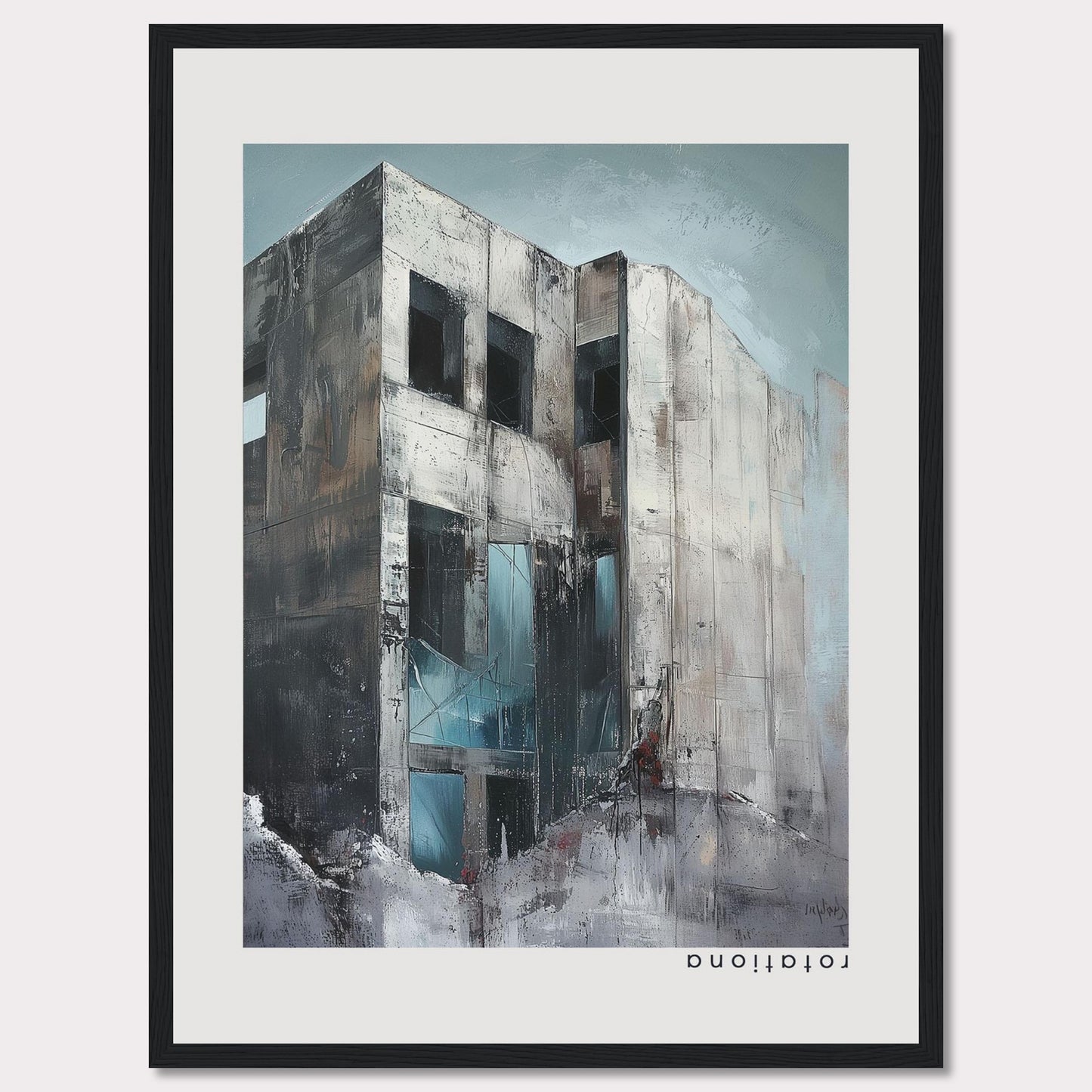 This striking artwork captures a modern, abstract building with a raw and industrial aesthetic. The painting features a weathered facade with large, dark windows, and a mix of cool and neutral tones that evoke a sense of mystery and intrigue.