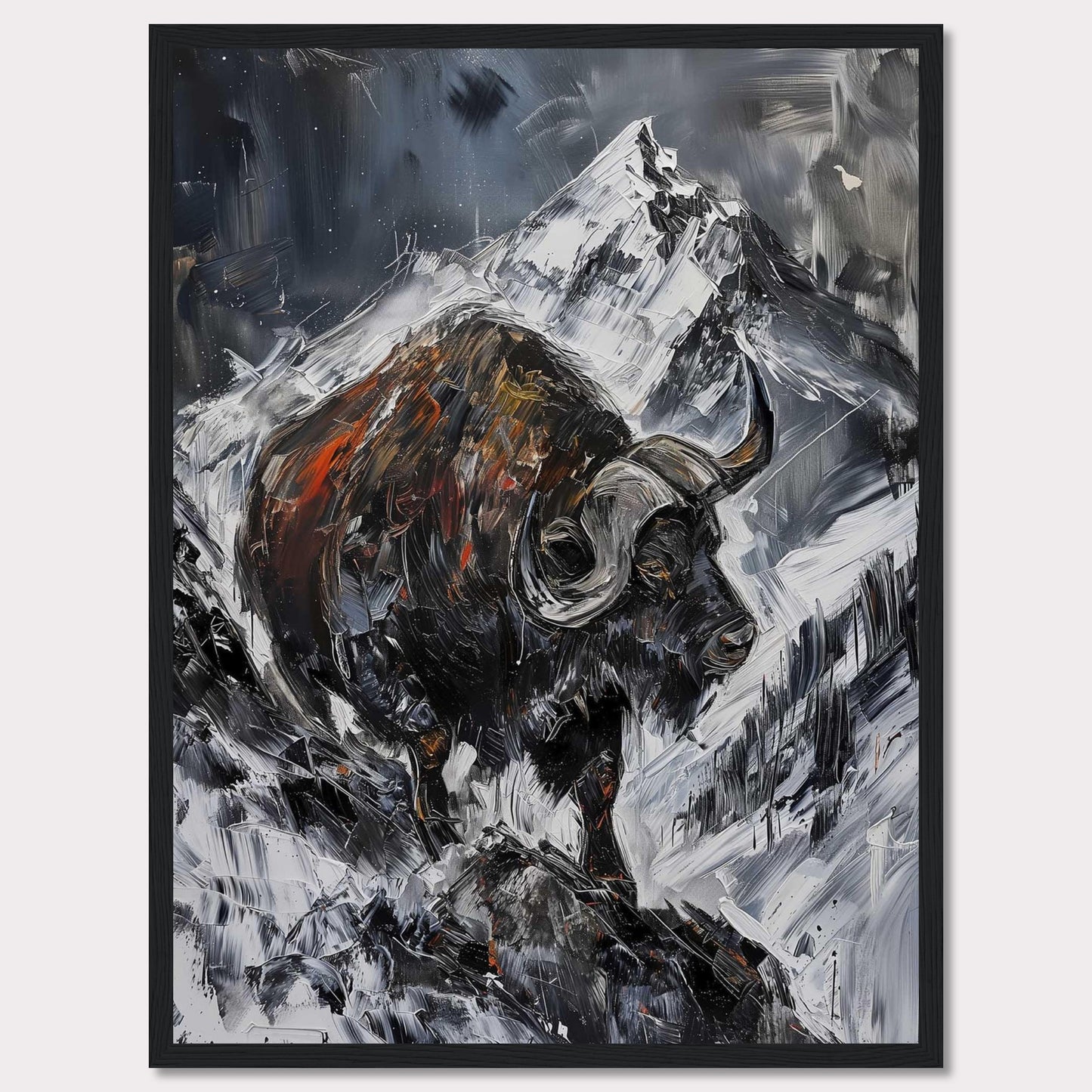 This striking painting captures the raw power of a buffalo against a dramatic mountainous backdrop. The bold brushstrokes and intense colors create a sense of movement and energy.