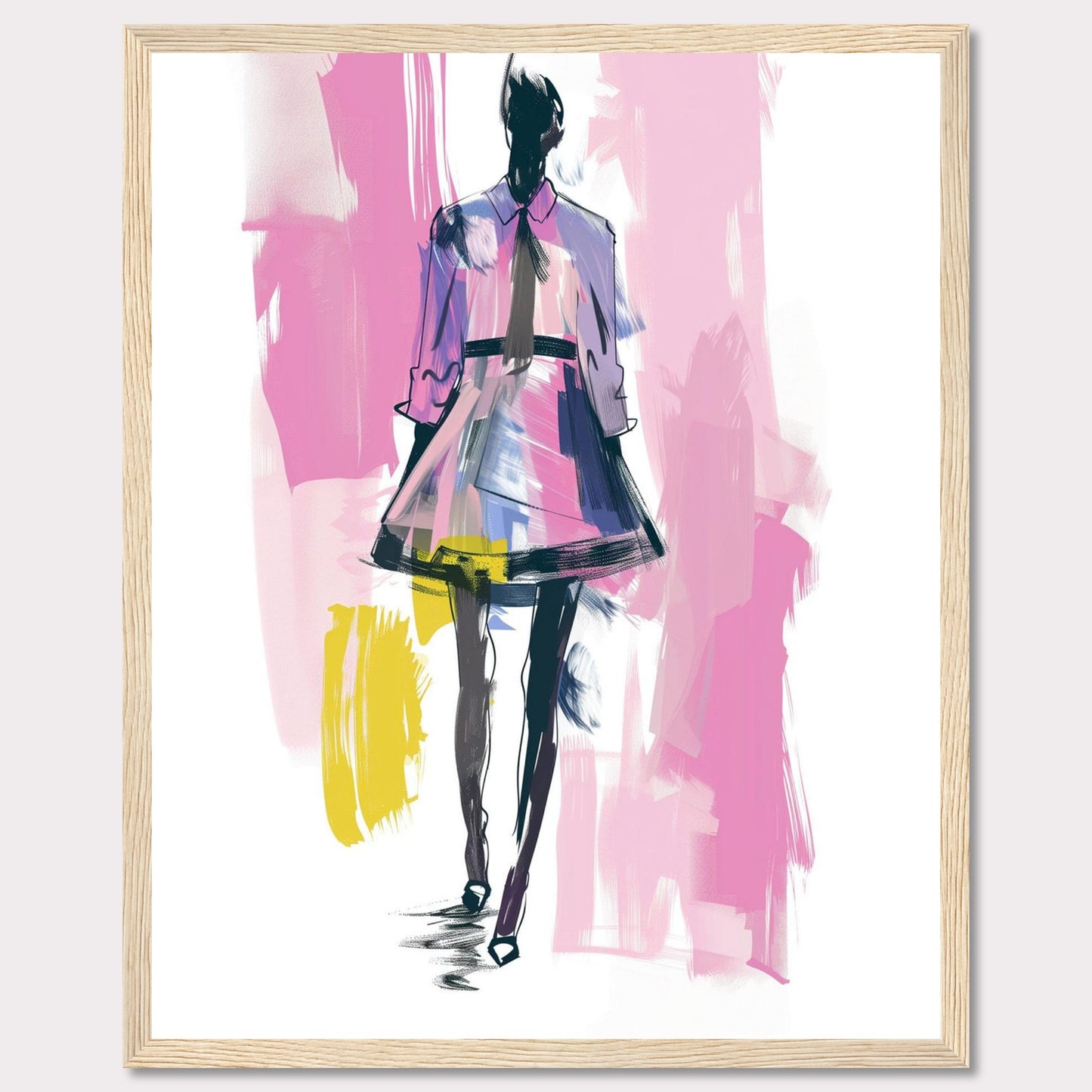 This image showcases a fashion illustration featuring a stylish figure in a vibrant dress. The artwork is characterized by bold brush strokes and a mix of colors, including pink, purple, yellow, and black. The figure exudes confidence, walking forward with purpose.