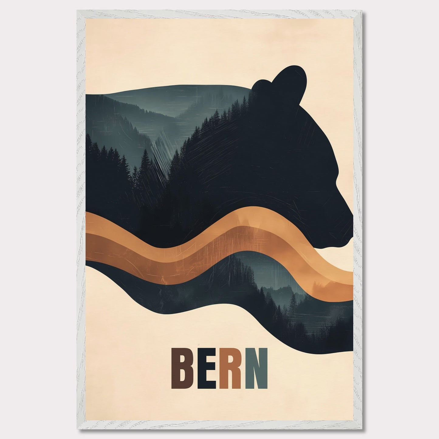 This elegant poster captures the harmony between nature and Bern’s cultural heritage. The silhouette of a bear, the city’s symbol, seamlessly blends with dense forests and flowing lines, creating a sense of tranquility and connection with the surroundings. The minimalist style and warm color palette give the artwork a modern aesthetic.