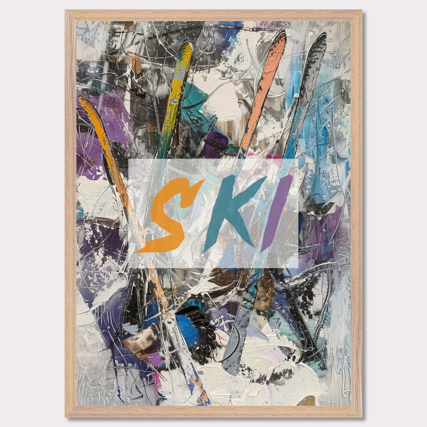 This vibrant artwork showcases an abstract composition featuring colorful ski elements. The word "SKI" is prominently displayed in bold, dynamic letters across the center. The background is a chaotic mix of brushstrokes and textures, creating a sense of movement and energy.