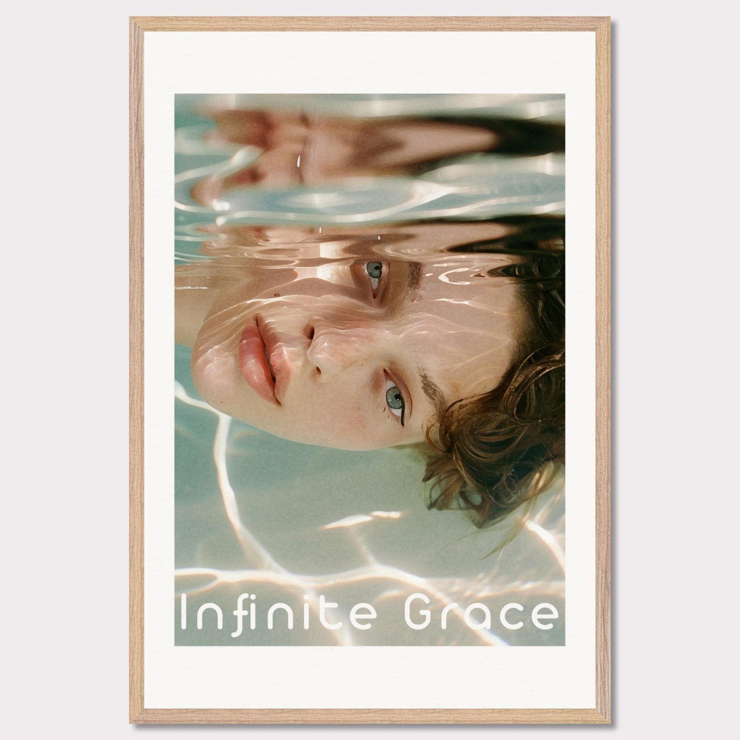 This is an illustration of a person's face partially submerged in water, creating a reflective and serene effect. The text "Infinite Grace" is displayed at the bottom of the image.

Where will this poster fit: This poster would fit well in a modern living room, a bedroom, or a creative studio space.