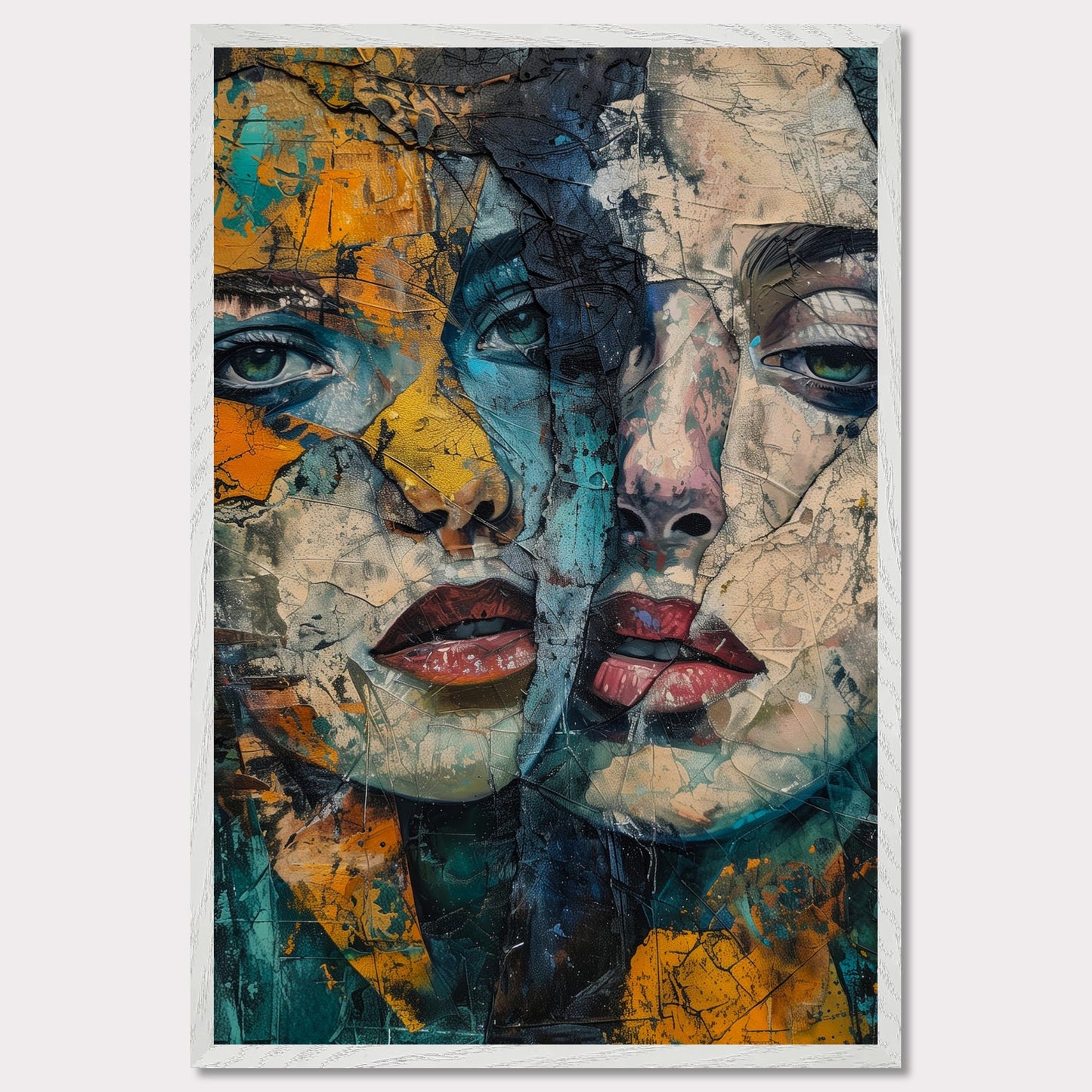 This captivating artwork features two intertwined, abstract faces with a rich blend of colors and textures. The painting exudes a sense of mystery and depth, drawing the viewer into its intricate details.