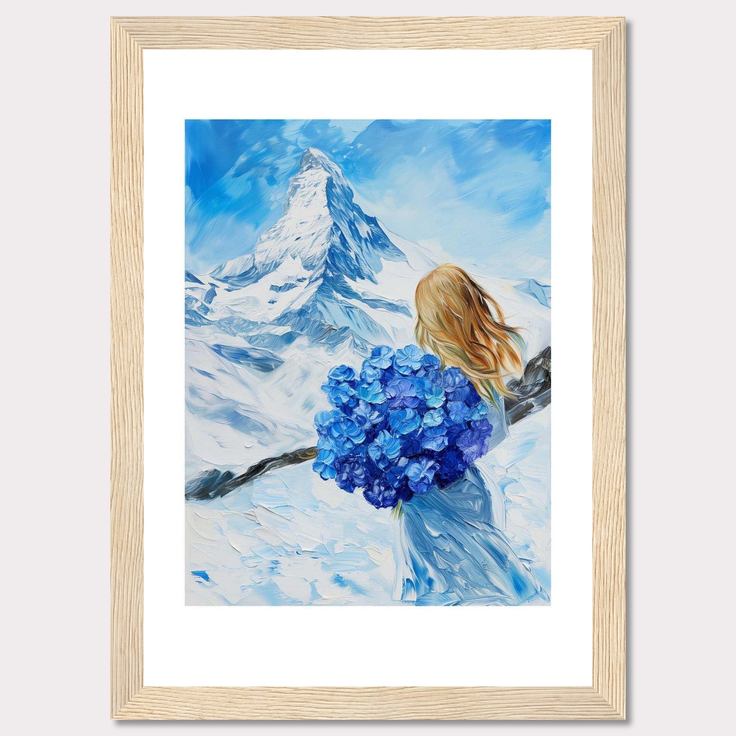 This captivating painting depicts a serene winter landscape with a majestic snow-covered mountain in the background. A woman with flowing blonde hair stands in the foreground, holding a vibrant bouquet of blue flowers. The sky is a brilliant shade of blue, complementing the snowy scenery.