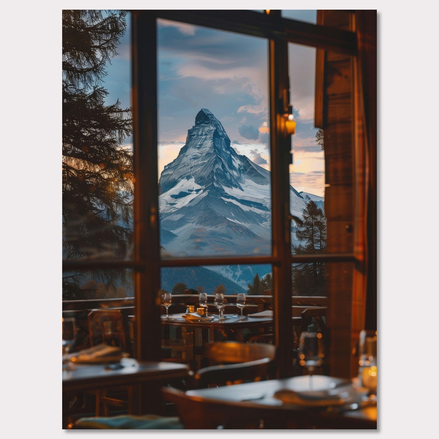 Experience the breathtaking view of a majestic mountain peak through the windows of a cozy restaurant. The scene captures the tranquility and grandeur of nature, inviting you to unwind and savor the moment.